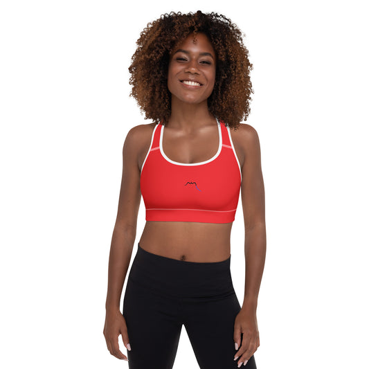Vue de face de la brassière de sport rembourrée Alicia - coloris rouge et blanc