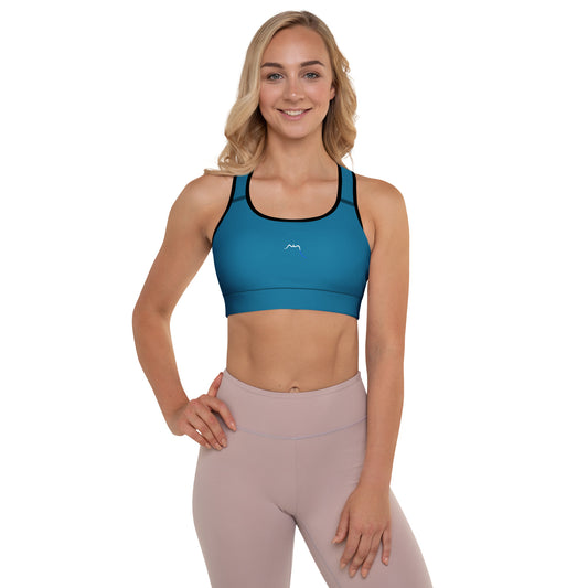 Vue de face de la brassière de sport rembourrée Alicia - coloris bleu et noir