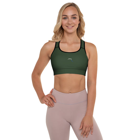 Vue de face de la brassière de sport rembourrée Alicia - coloris vert et noir