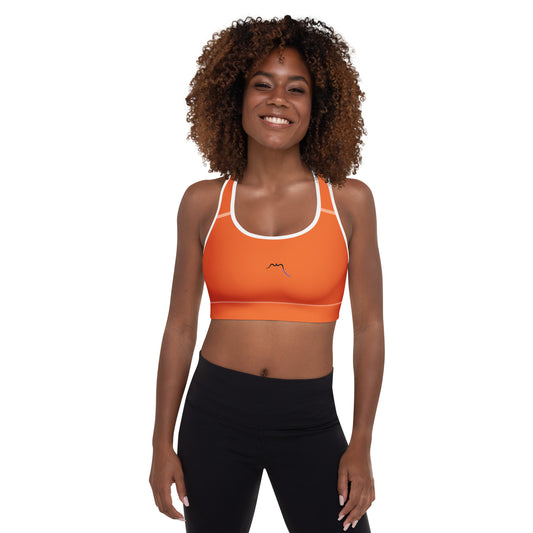 Vue de face de la brassière de sport rembourrée Alicia - coloris orange et blanc