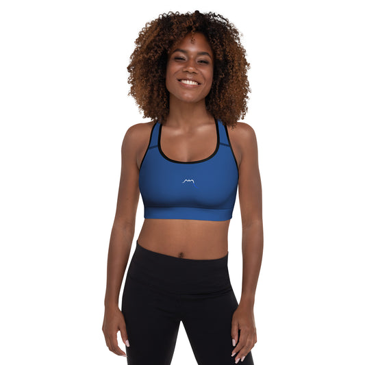Vue de face de la brassière de sport rembourrée Alicia - coloris bleu et noir