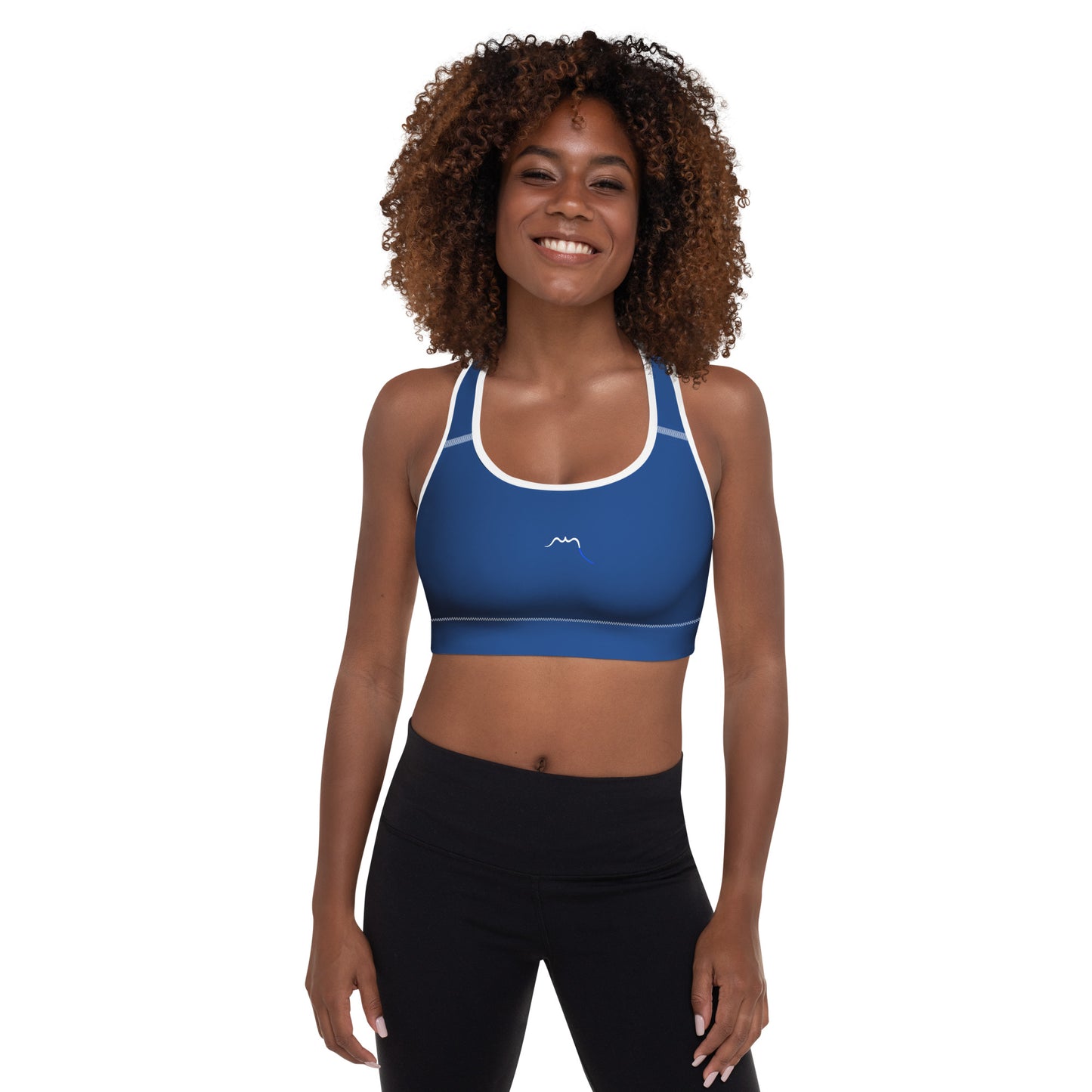 Vue de face de la brassière de sport rembourrée Alicia - coloris bleu e blanc