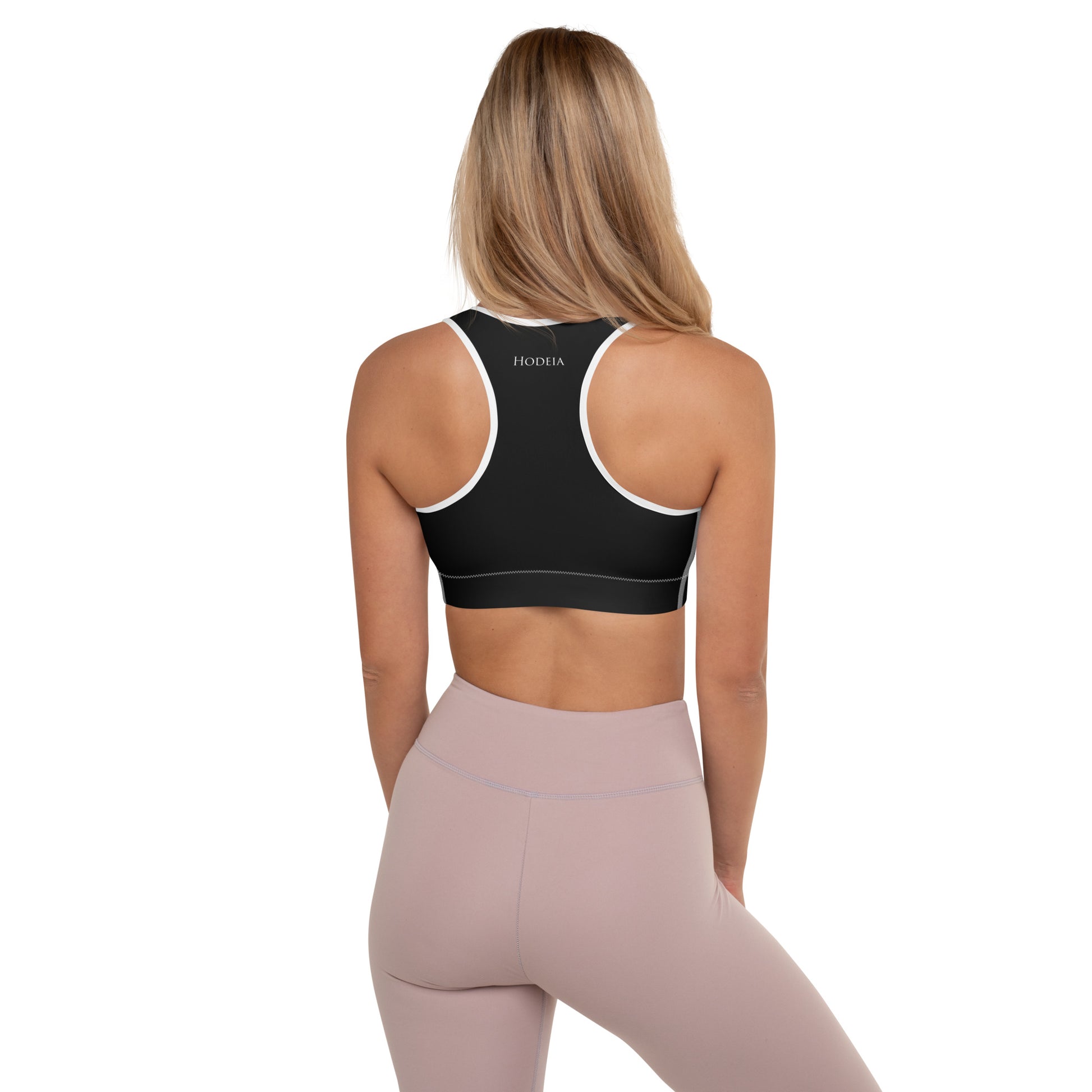 vue de dos de la brassière de sport rembourrée Alicia - coloris noir et blanc