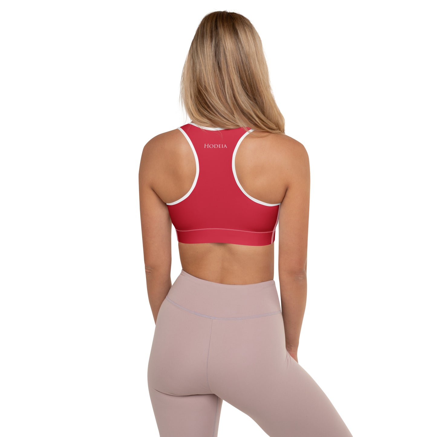 Vue de dos de la brassière de sport rembourrée Alicia - coloris rouge et blanc