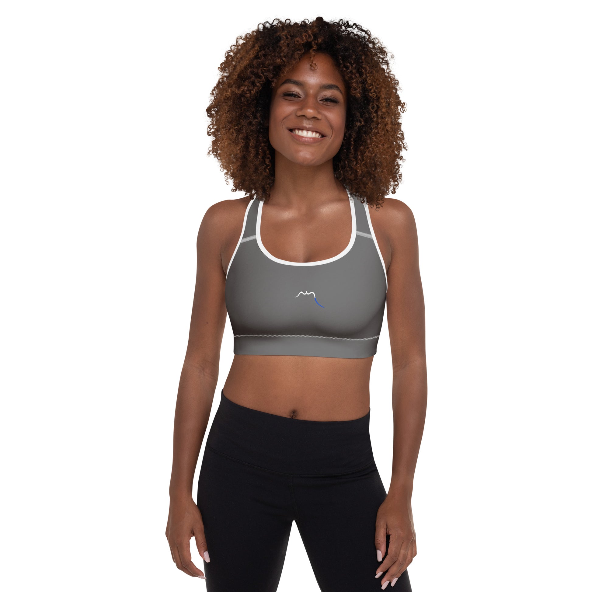 Vue de face de la brassière de sport rembourrée Alicia - coloris gris et blanc
