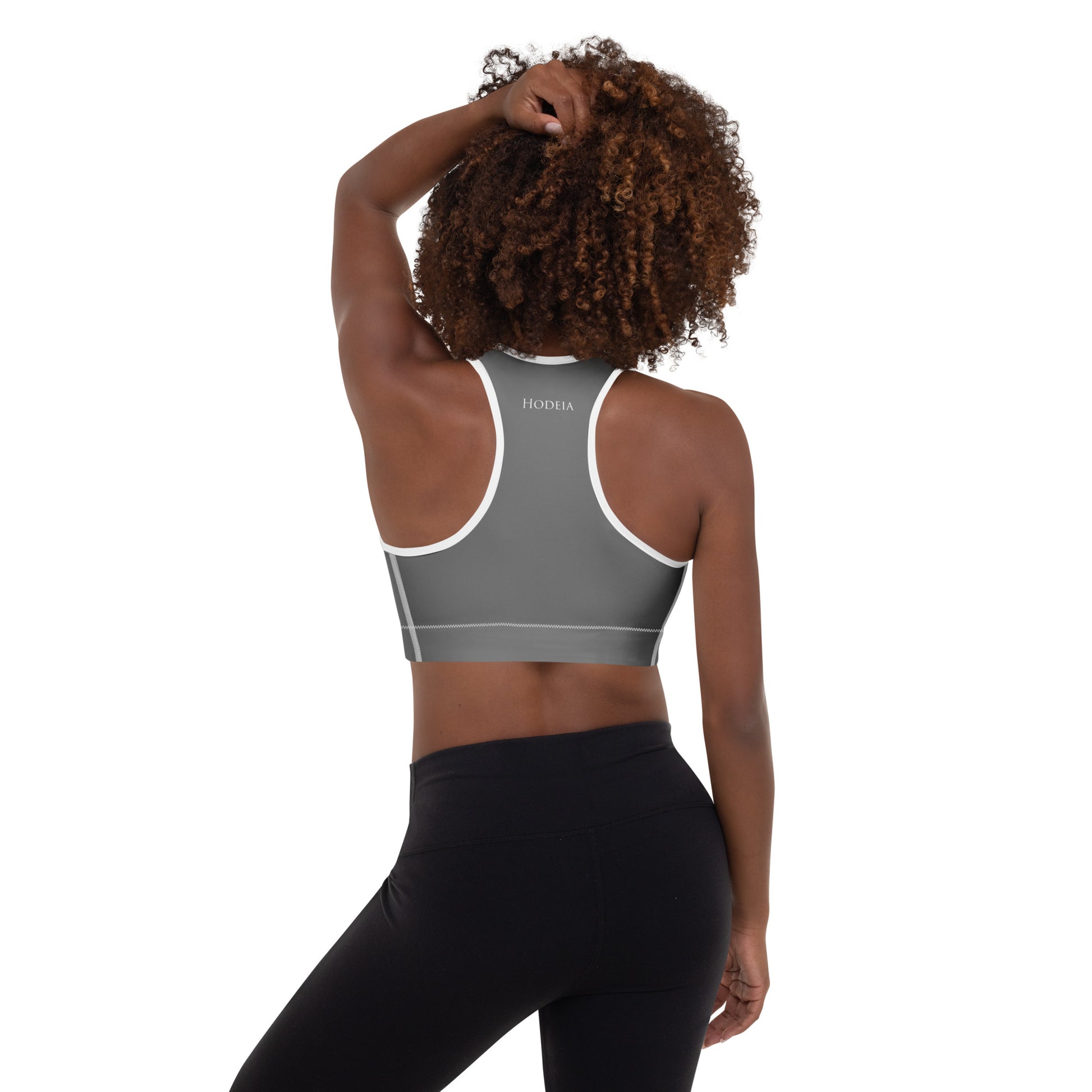 Vue de dos de la brassière de sport rembourrée Alicia - coloris gris et blanc