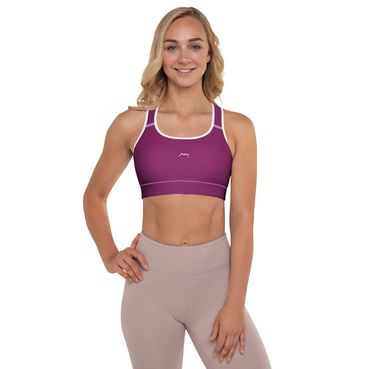 Vue de face de la brassière de sport rembourrée Alicia - coloris mauve et blanc