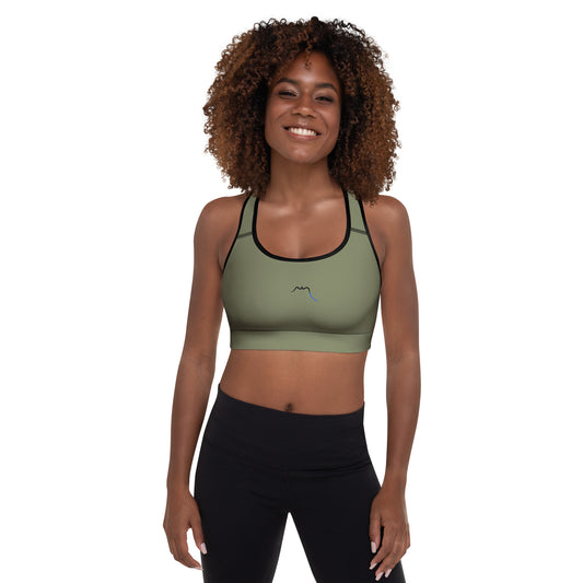 Vue de face de la brassière de sport rembourrée Alicia - coloris kaki et noir
