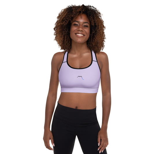 Vue de face de la brassière de sport rembourrée Alicia - coloris mauve clair et noir