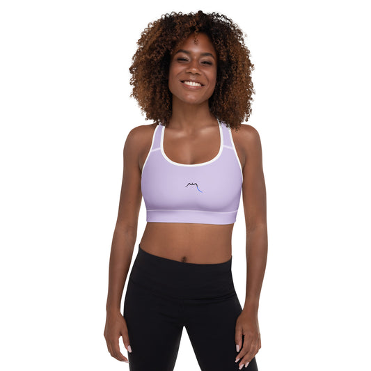 Vue de face de la brassière de sport rembourrée Alicia - coloris mauve clair et blanc
