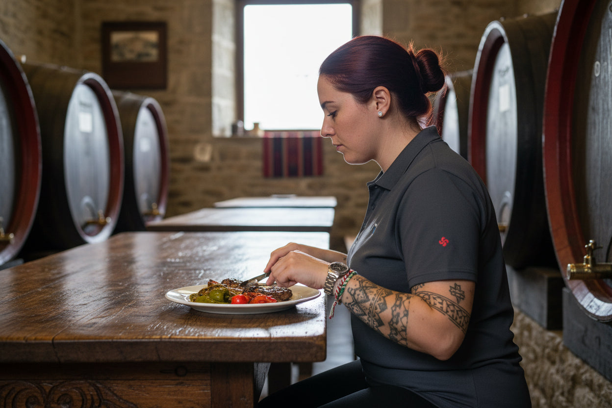 Vue de côté du polo brodé H/F Lauburu - coloris gris