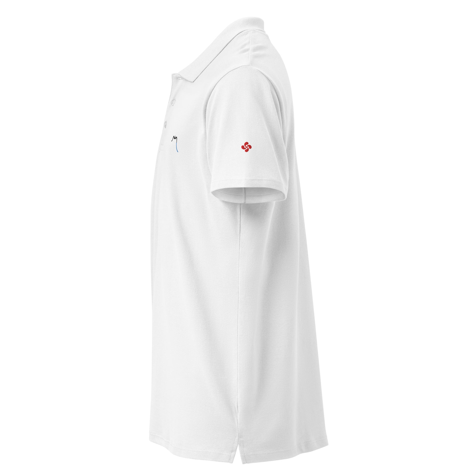 Vue de côté du polo brodé H/F Lauburu - coloris blanc