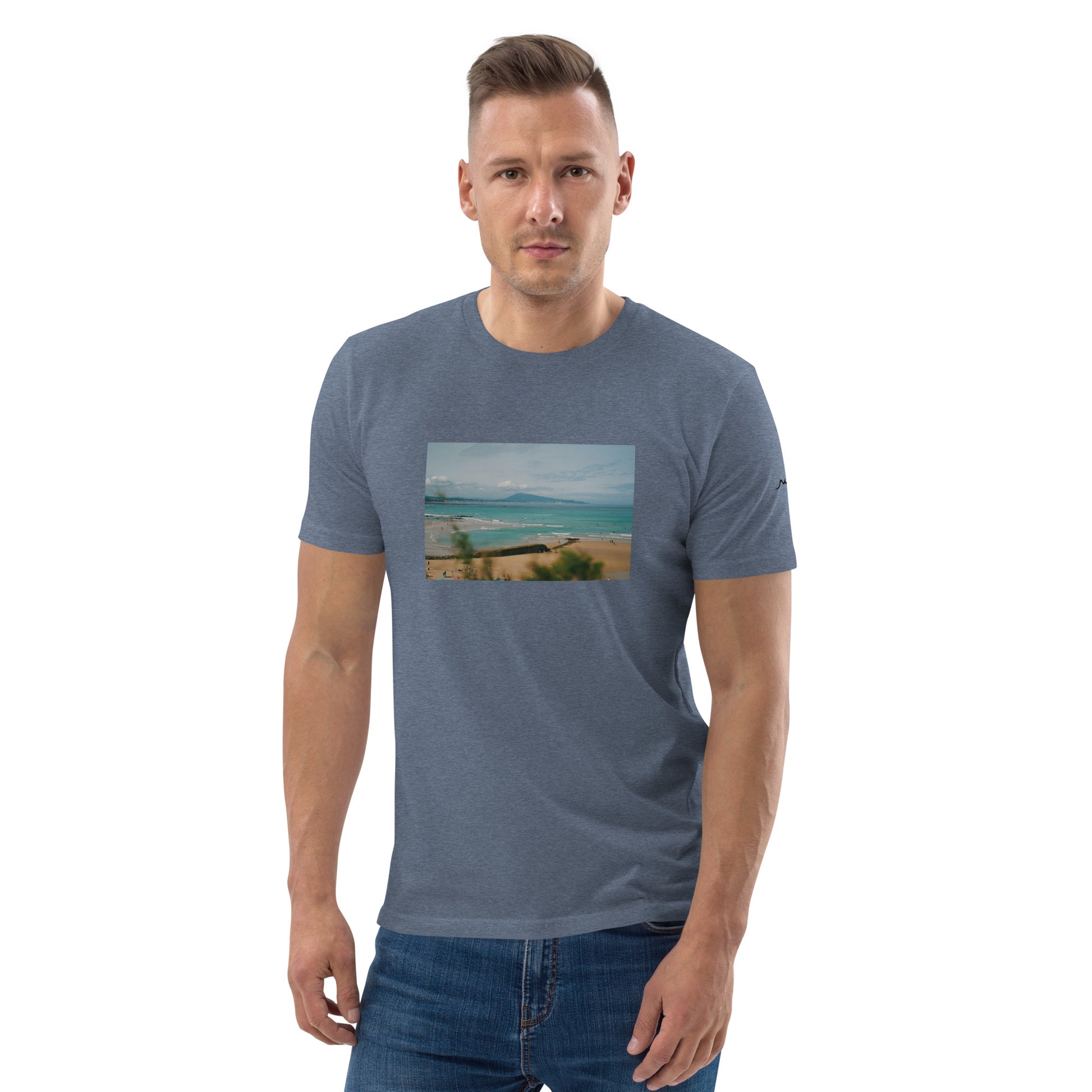 Vue de face du T-shirt 100% Coton Bio Bidart Centre - coloris bleu gris chiné