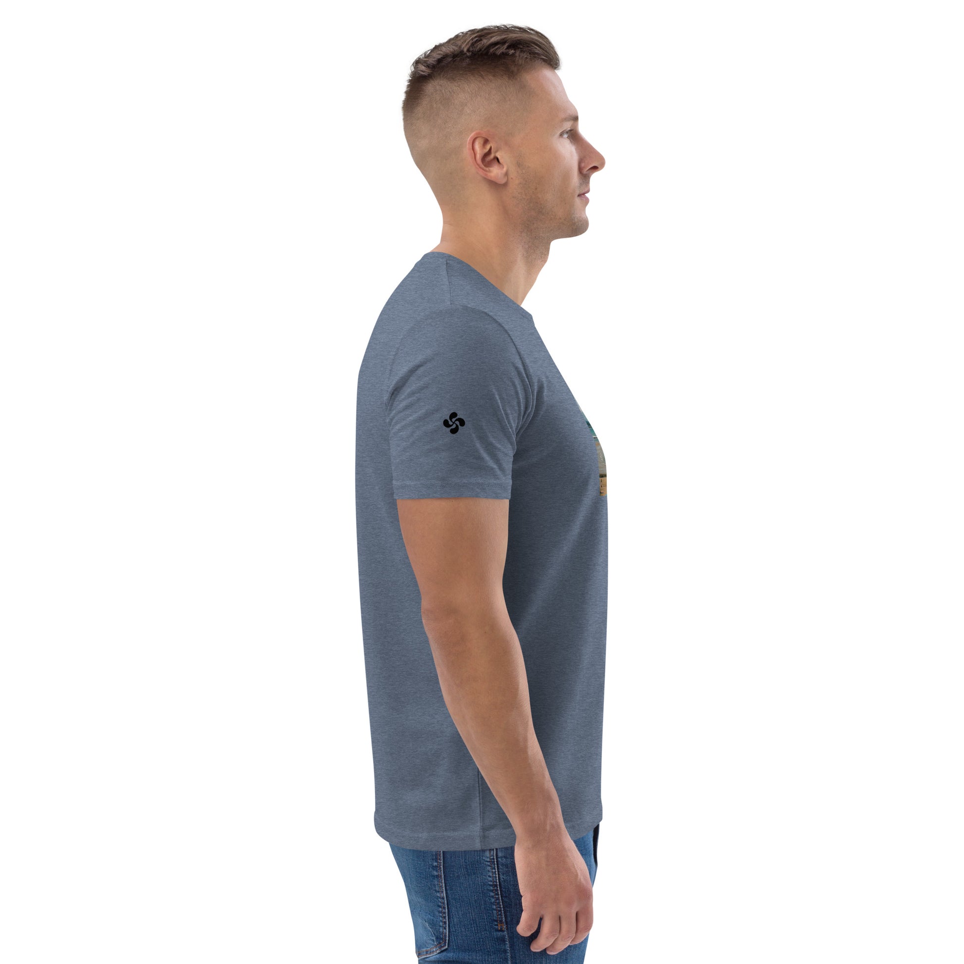 Vue de côté du T-shirt 100% Coton Bio Bidart Centre - coloris bleu gris chiné