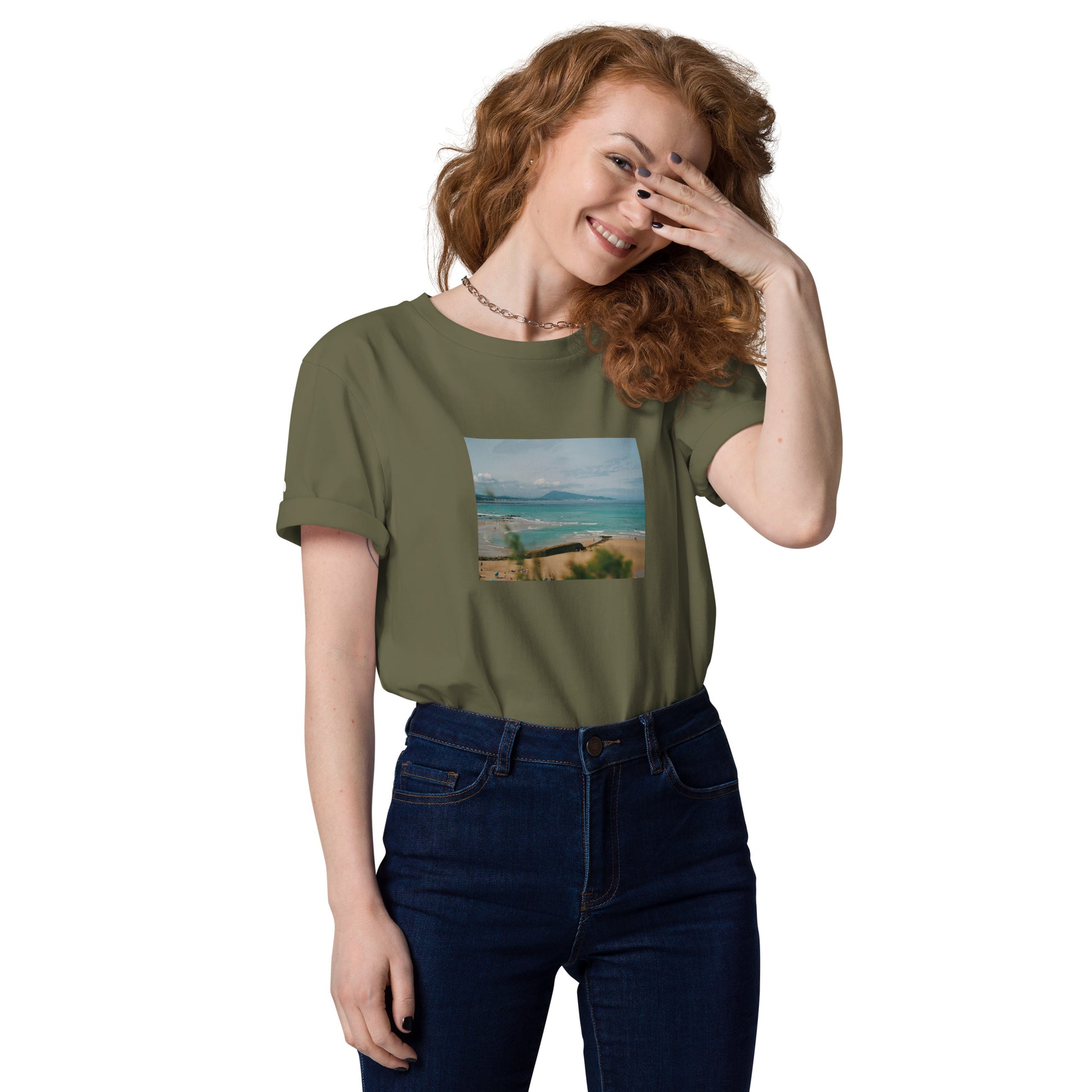 Vue de face du T-shirt 100% Coton Bio Bidart Centre - coloris kaki foncé
