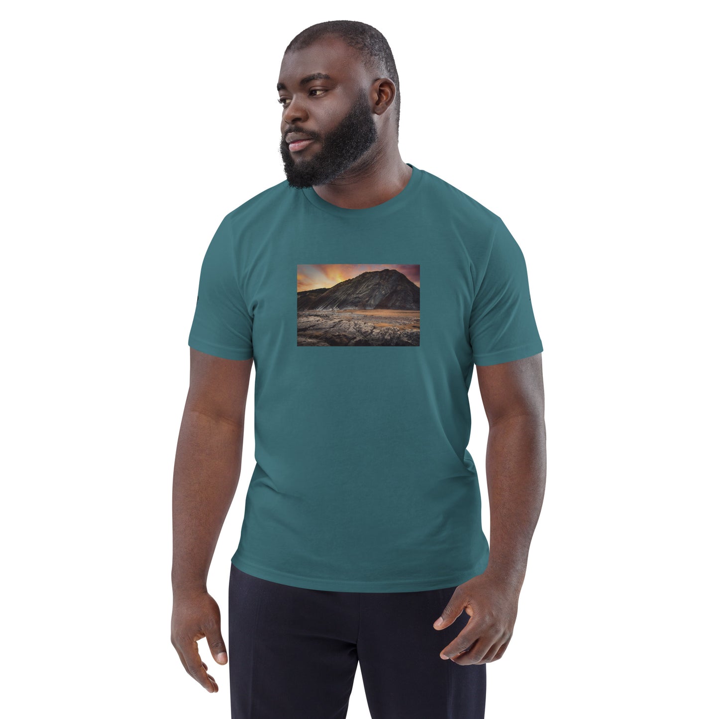 Vue de face du T-shirt 100% Coton Bio Falaise - coloris  bleu vert