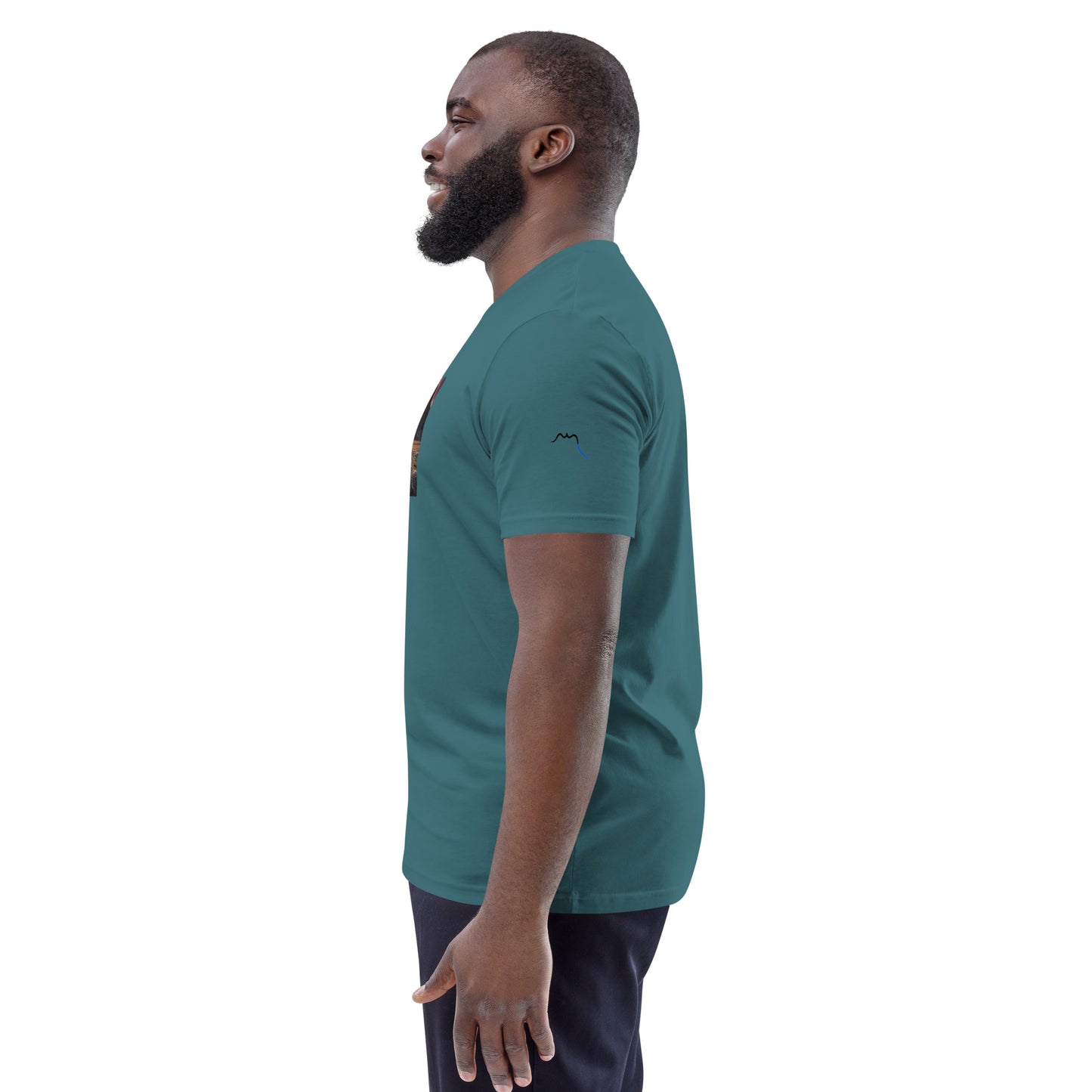 Vue de côté du T-shirt 100% Coton Bio Falaise - coloris bleu vert