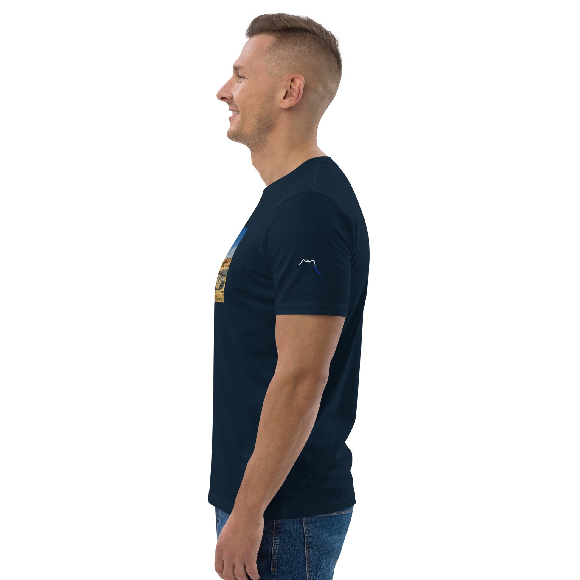 Vue de côté du t-shirt 100% coton biologique CDT - coloris bleu marine