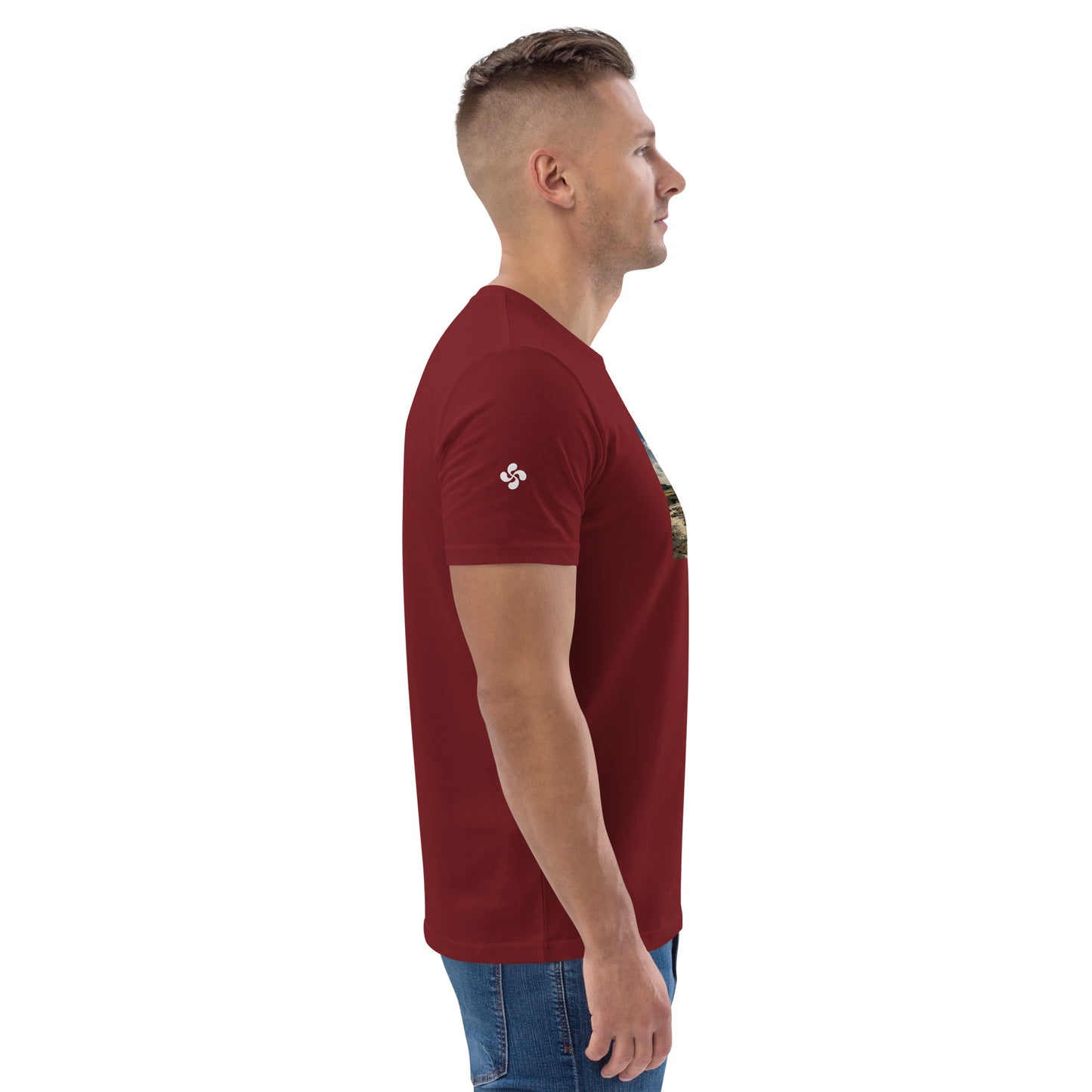 Vue de côté du t-shirt 100% coton biologique CDT - coloris bordeaux