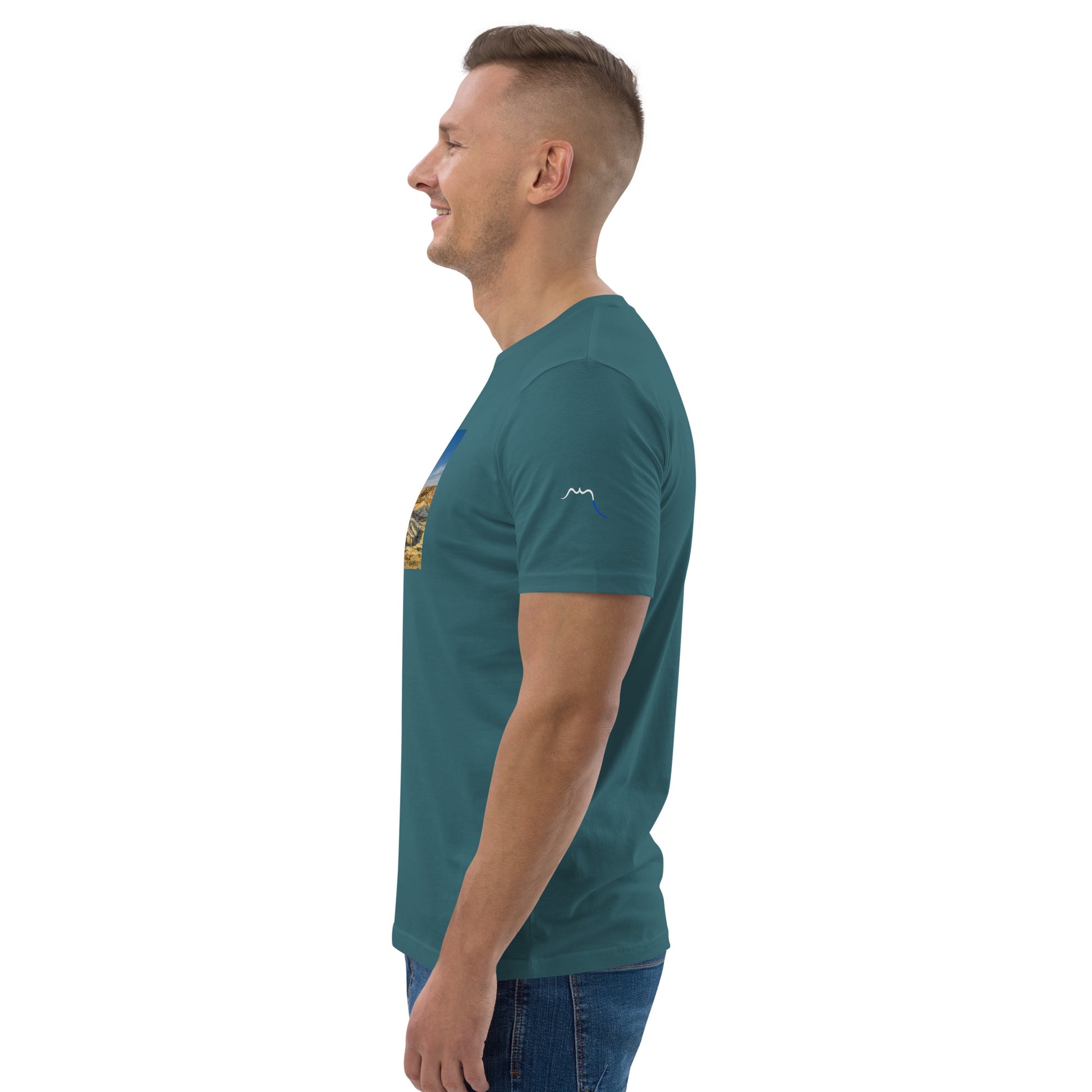 Vue de côté du t-shirt 100% coton biologique CDT - coloris bleu vert