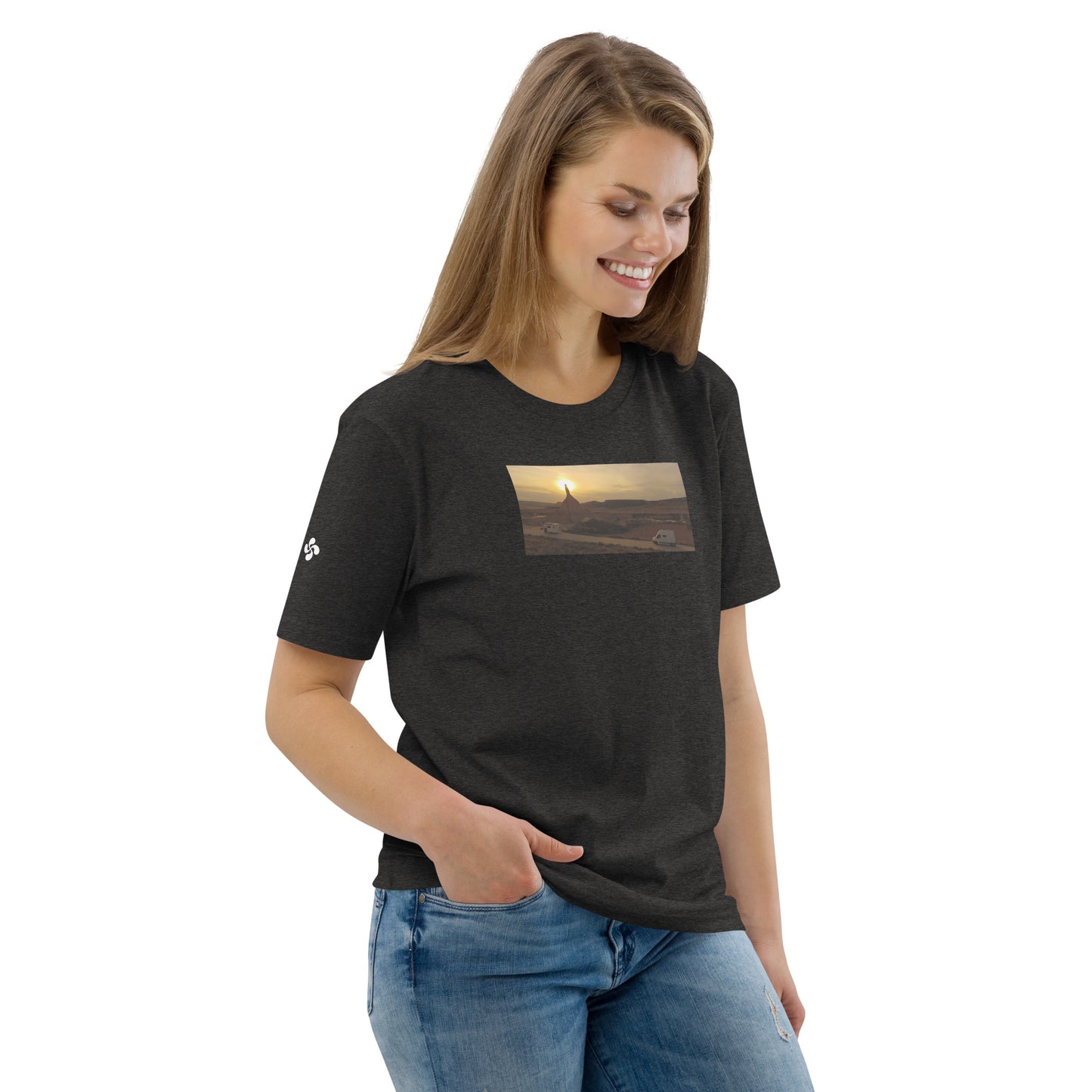 Vue de côté du t-shirt 100% coton biologique CDT Sunset - coloris gris foncé chiné