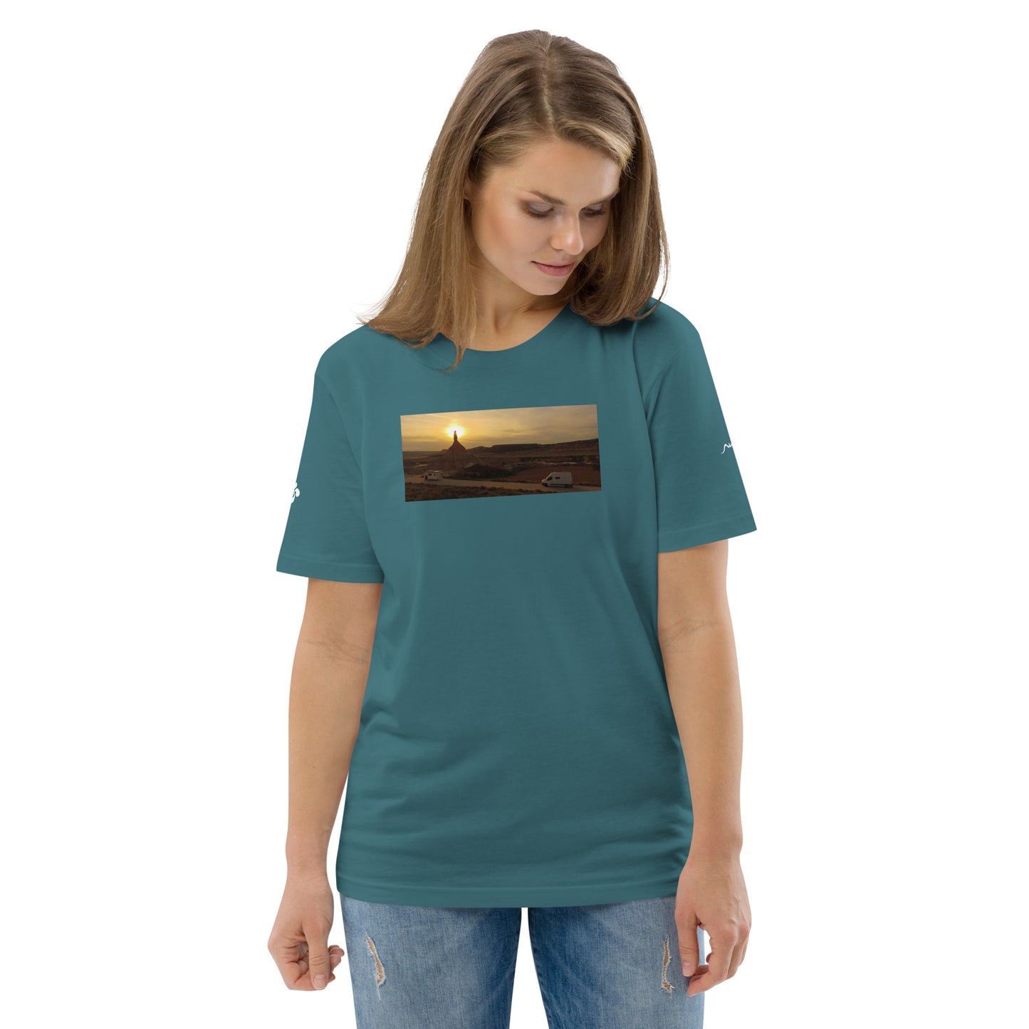 Vue de face du t-shirt 100% coton biologique CDT Sunset - coloris bleu vert