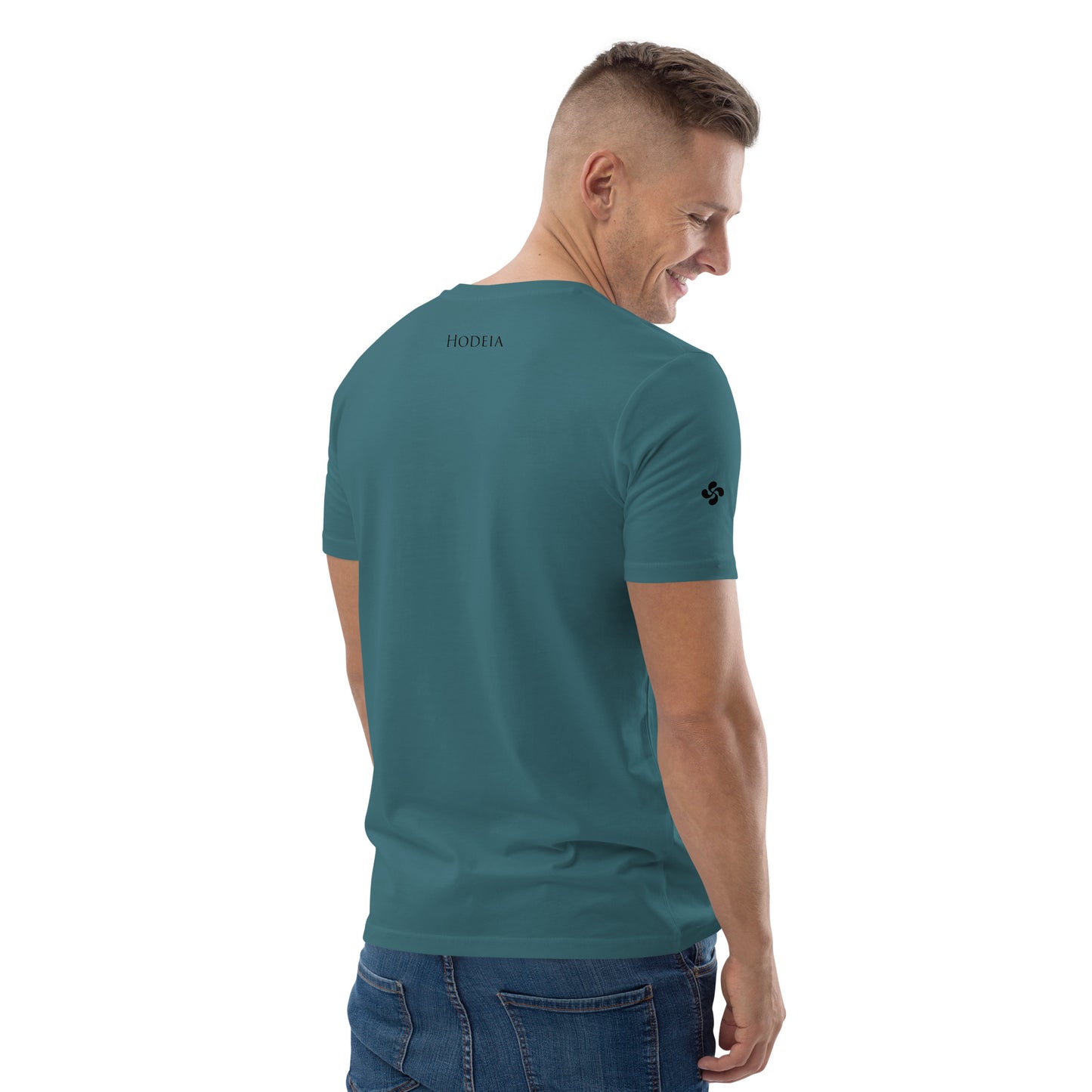 Vue de côté du t-shirt 100% coton biologique CDT Sunset - coloris bleu vert