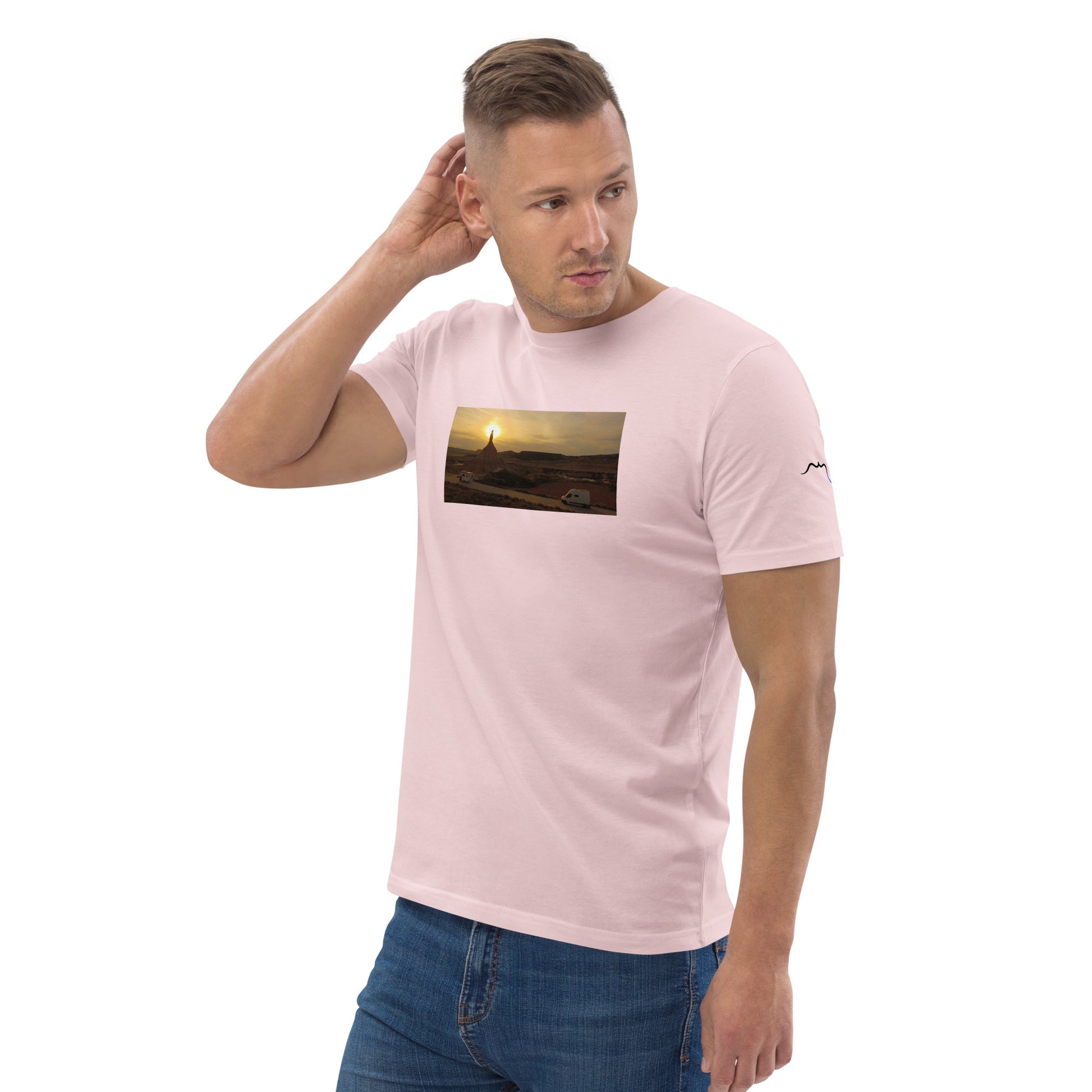 Vue de côté du t-shirt 100% coton biologique CDT Sunset - coloris rose pâle