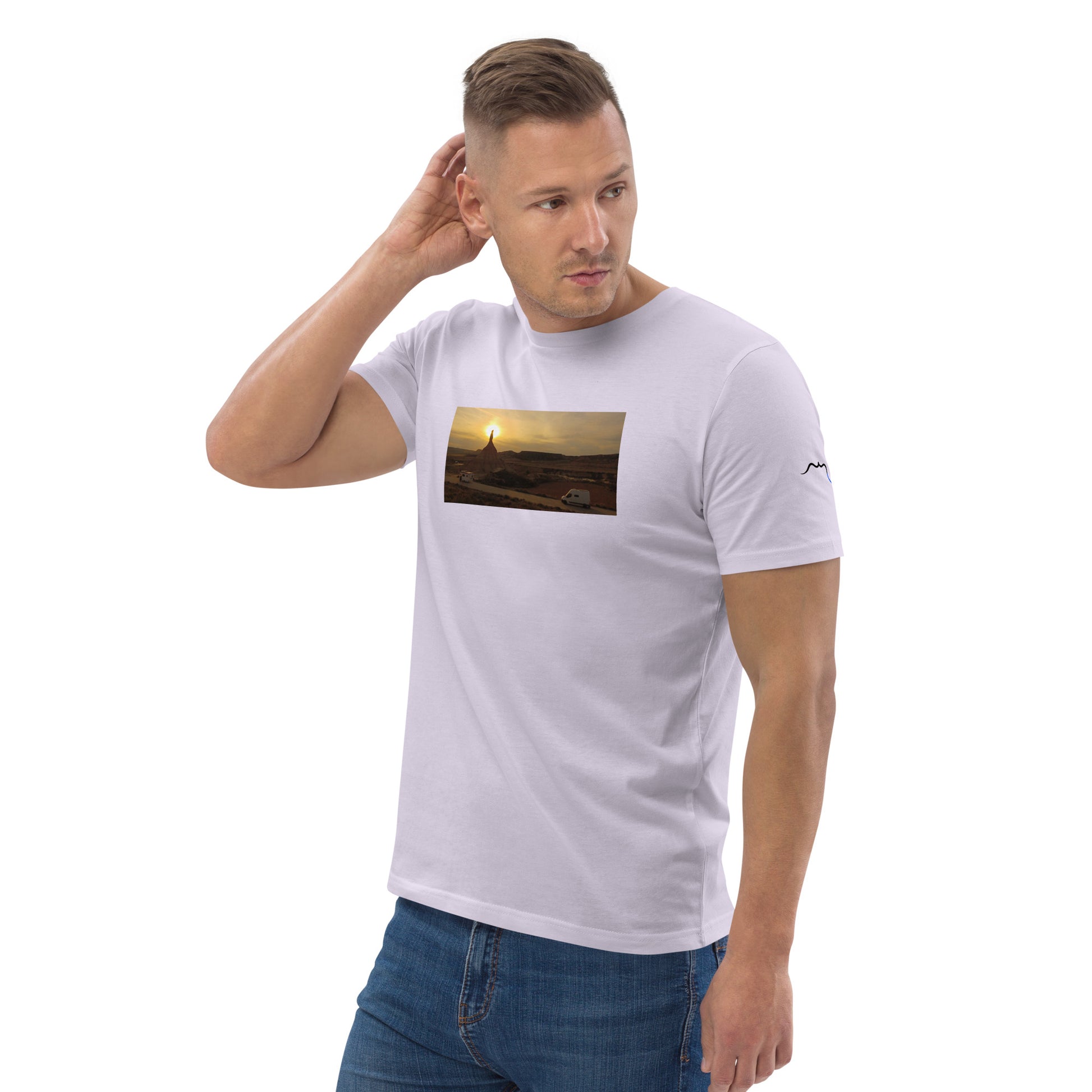 Vue de côté du t-shirt 100% coton biologique CDT Sunset - coloris orchidée