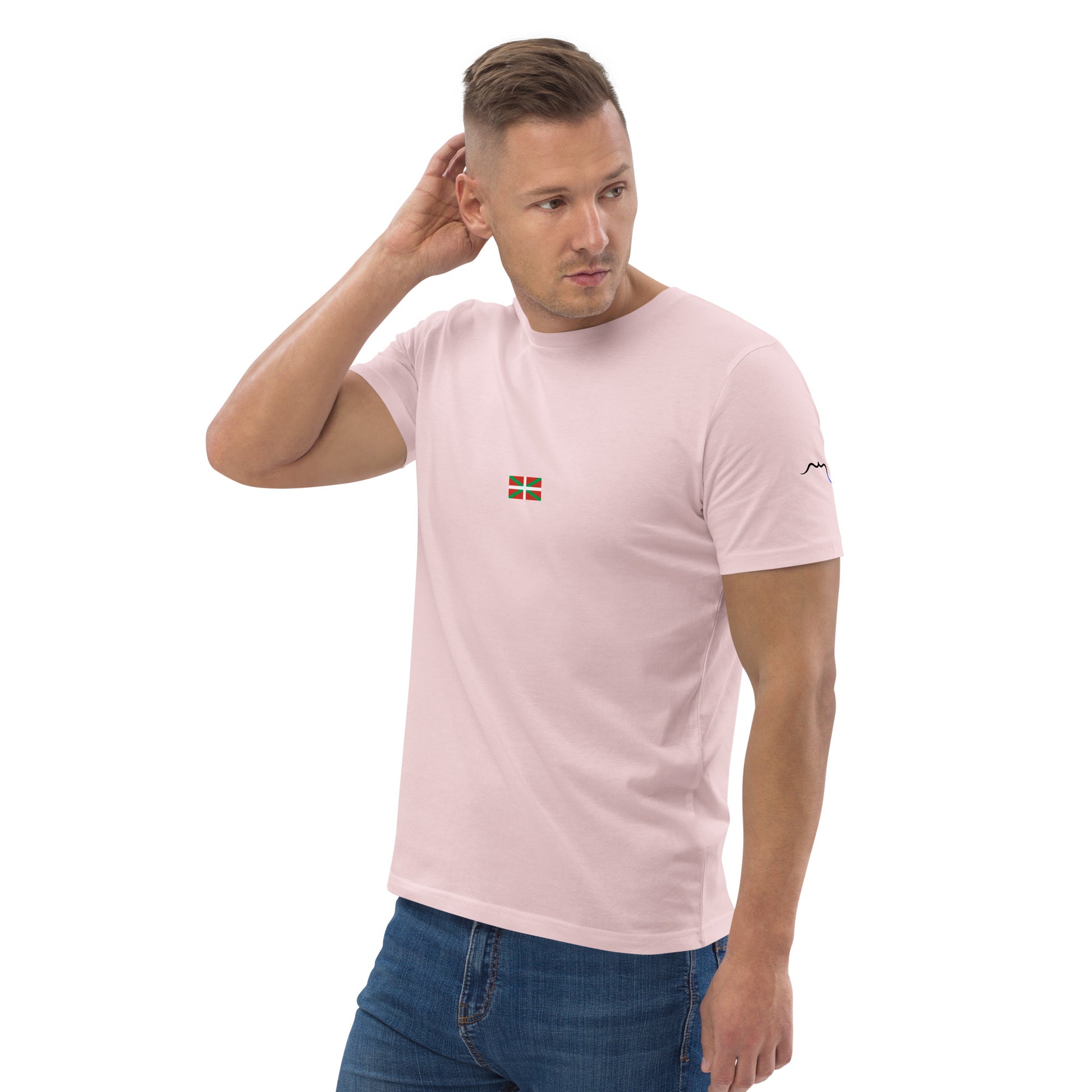 Vue de côté du t-shirt 100% coton biologique Ikurriña - coloris rose pâle