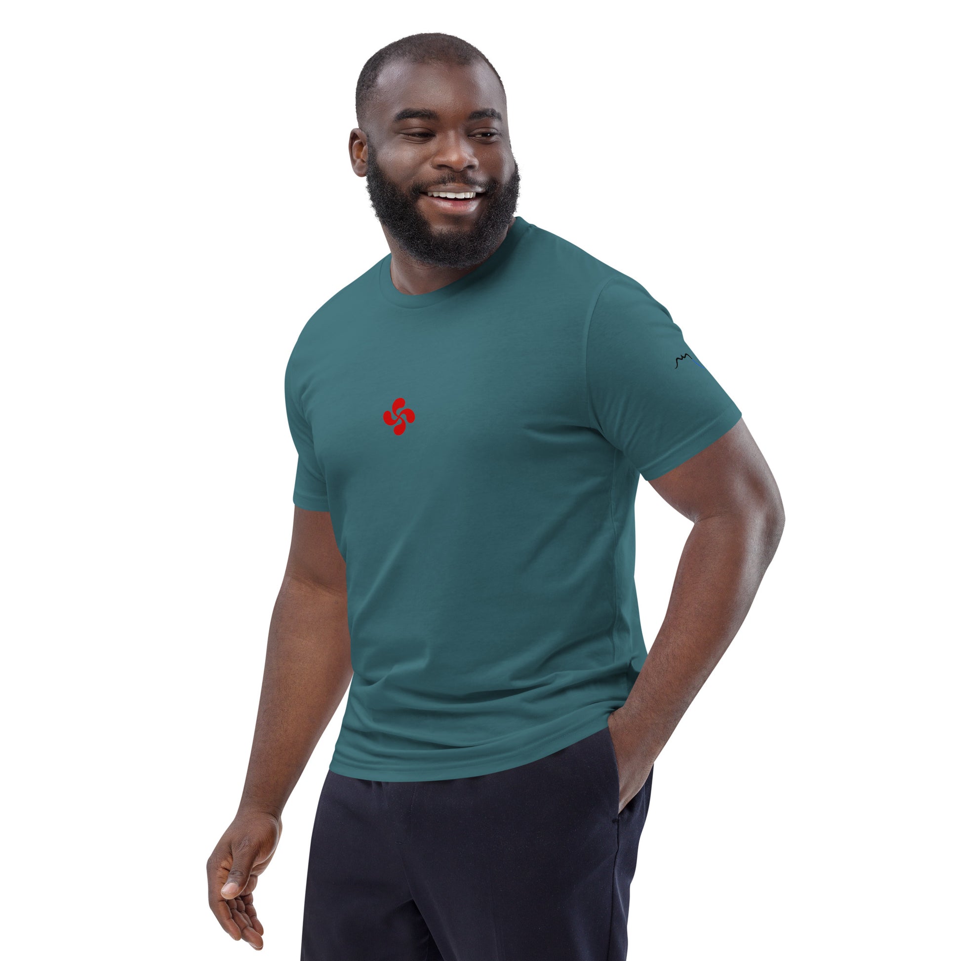 Vue de côté du t-shirt 100% coton biologique Lauburu R - coloris bleu vert