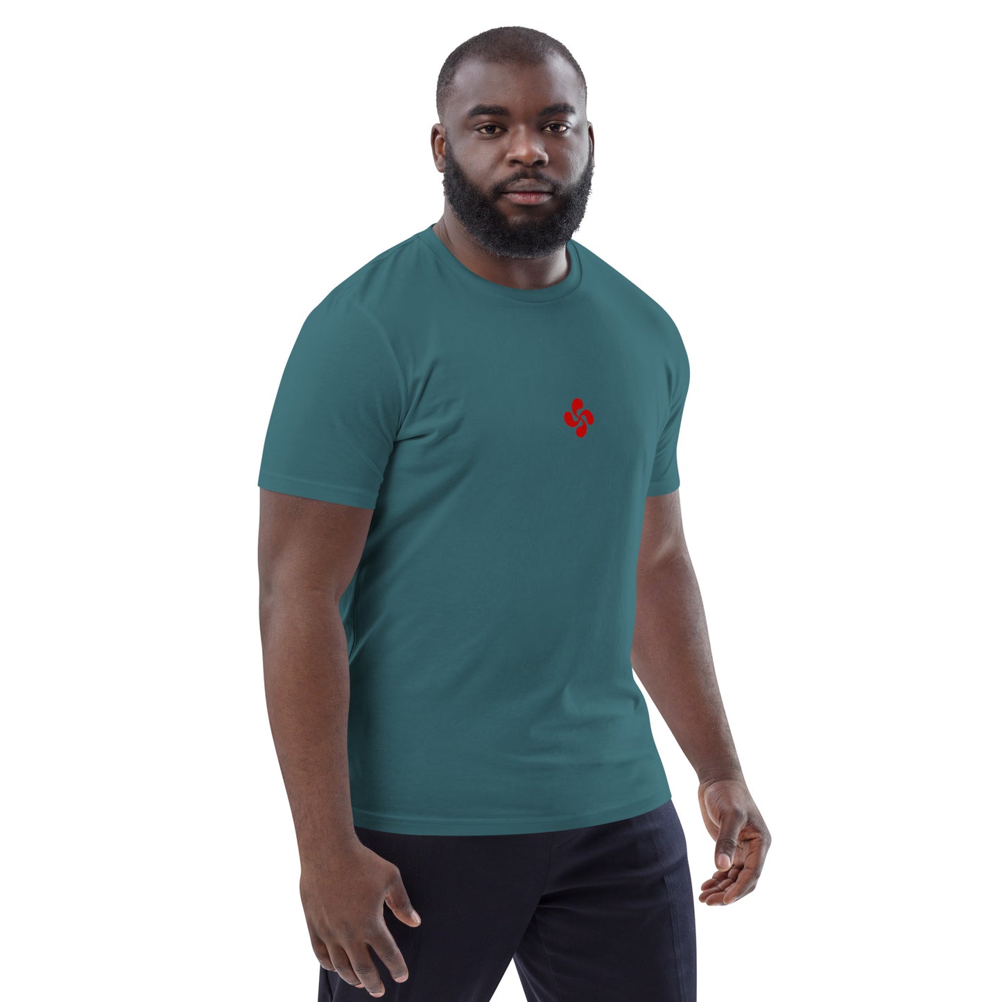 Vue de côté du t-shirt 100% coton biologique Lauburu R - coloris bleu vert