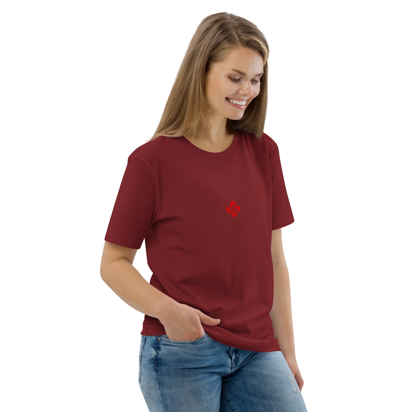 Vue de côté du t-shirt 100% coton biologique Lauburu R - coloris bordeaux