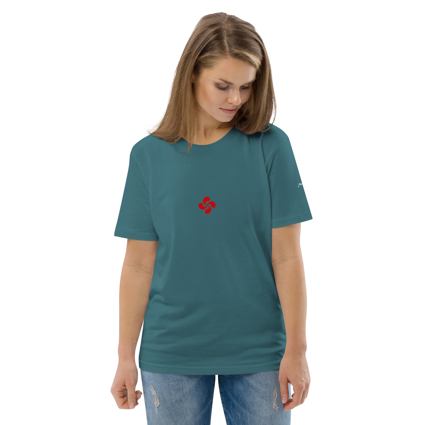 Vue de face du t-shirt 100% coton biologique Lauburu R - coloris bleu vert