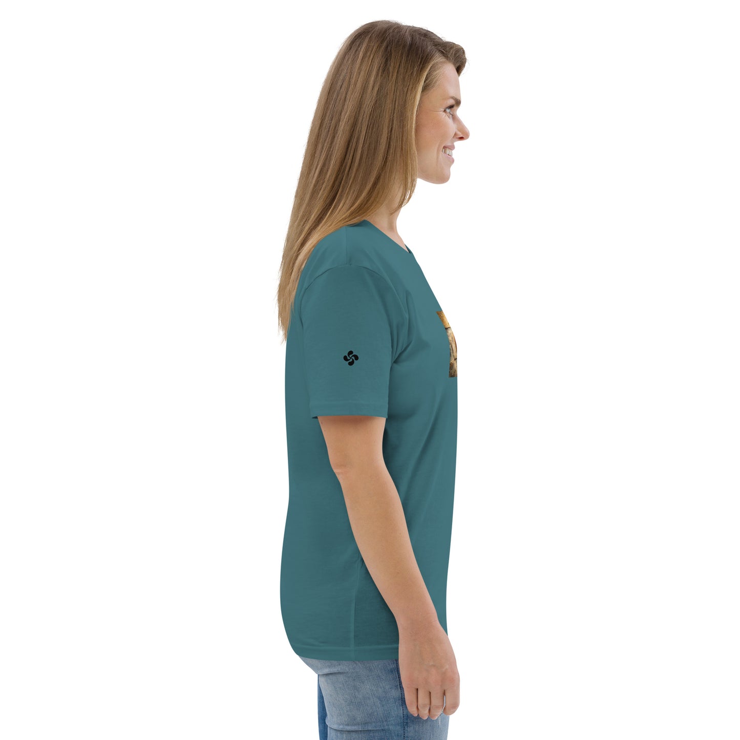 Vue de côté du t-shirt 100% coton biologique Pelote Basque - coloris bleu vert