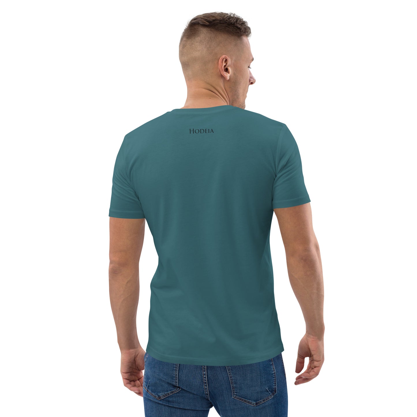 Vue de dos du T-shirt 100 % Coton Biologique Yellow Cox - coloris bleu vert