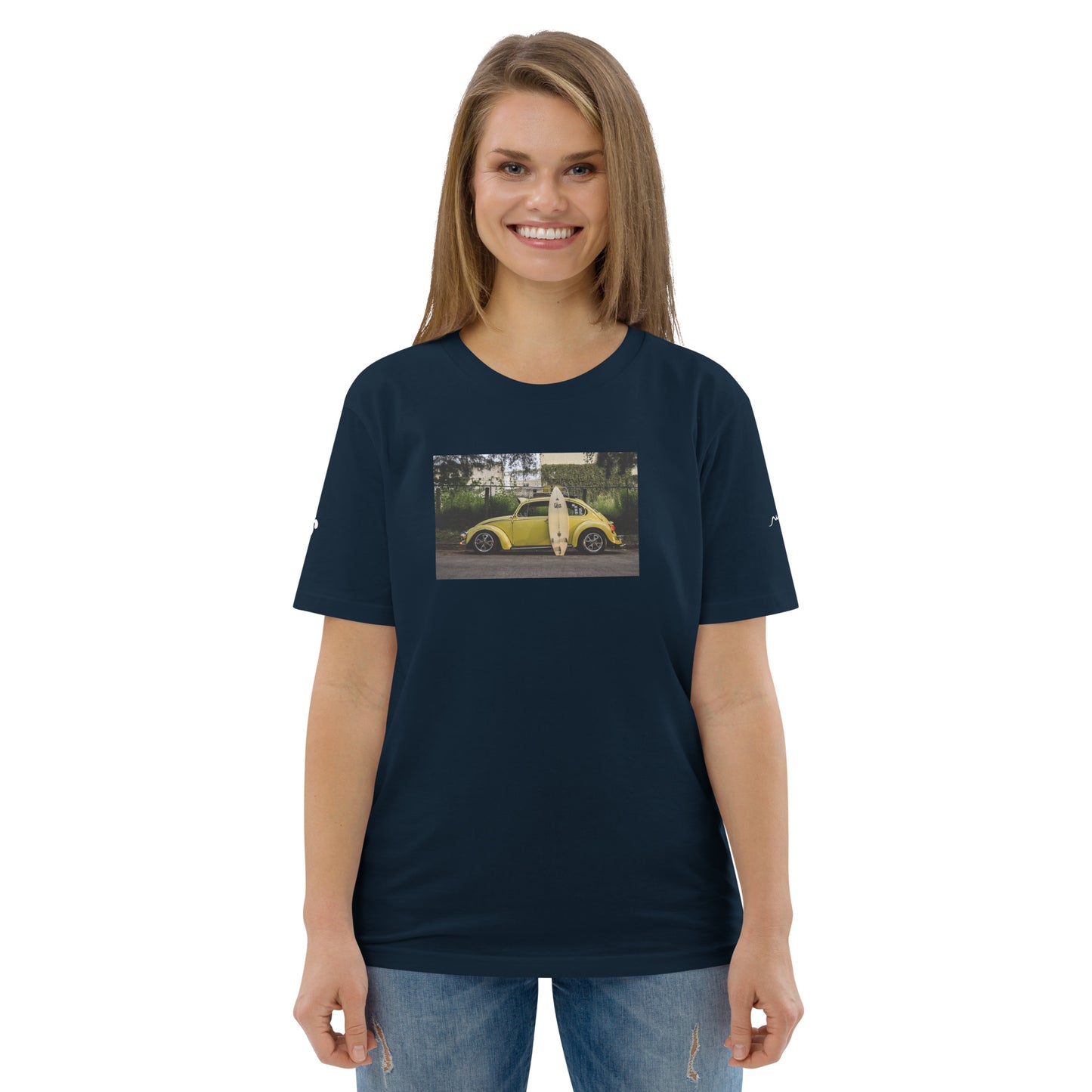 Vue de face du T-shirt 100 % Coton Biologique Yellow Cox - coloris bleu marine