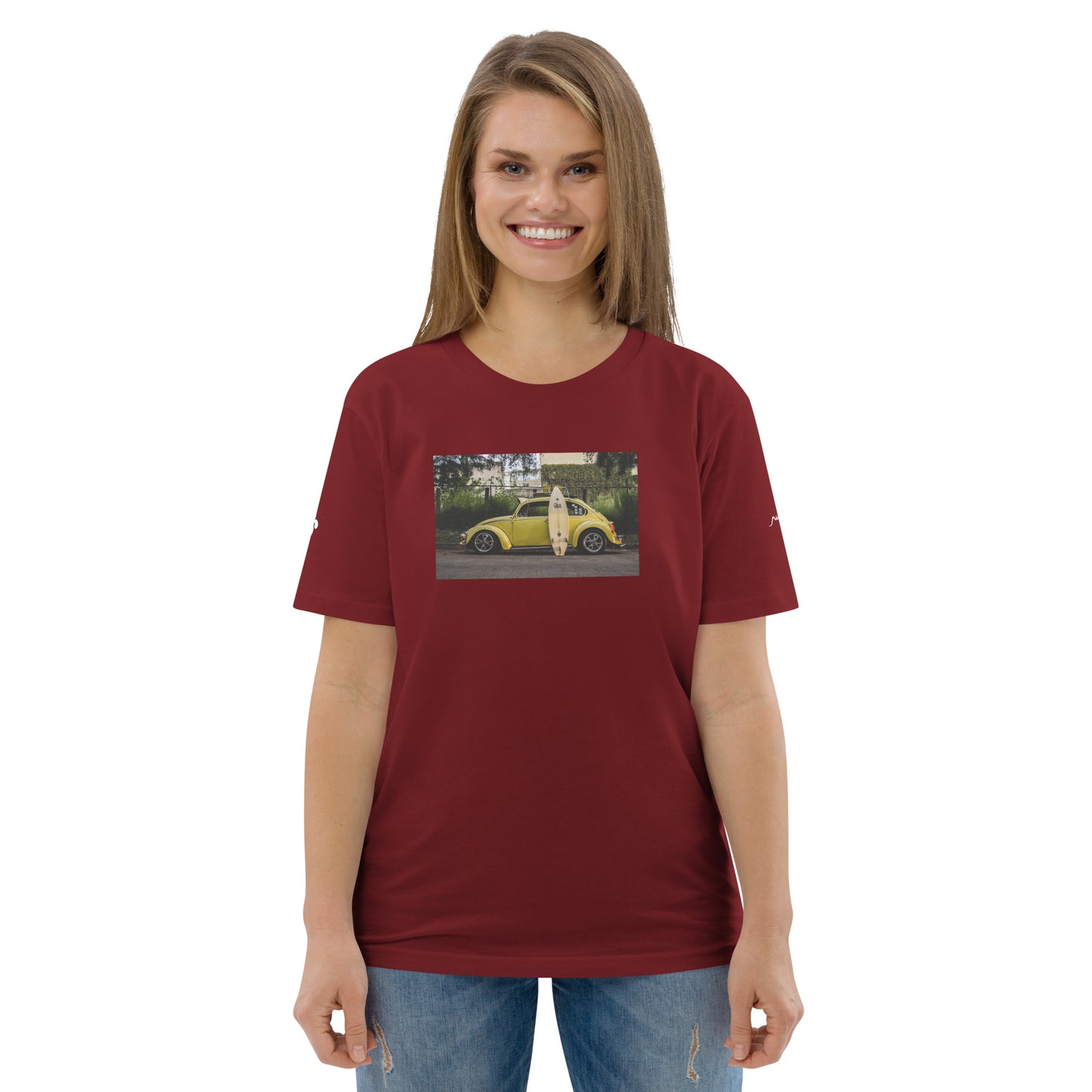 Vue de face du T-shirt 100 % Coton Biologique Yellow Cox - coloris bordeaux