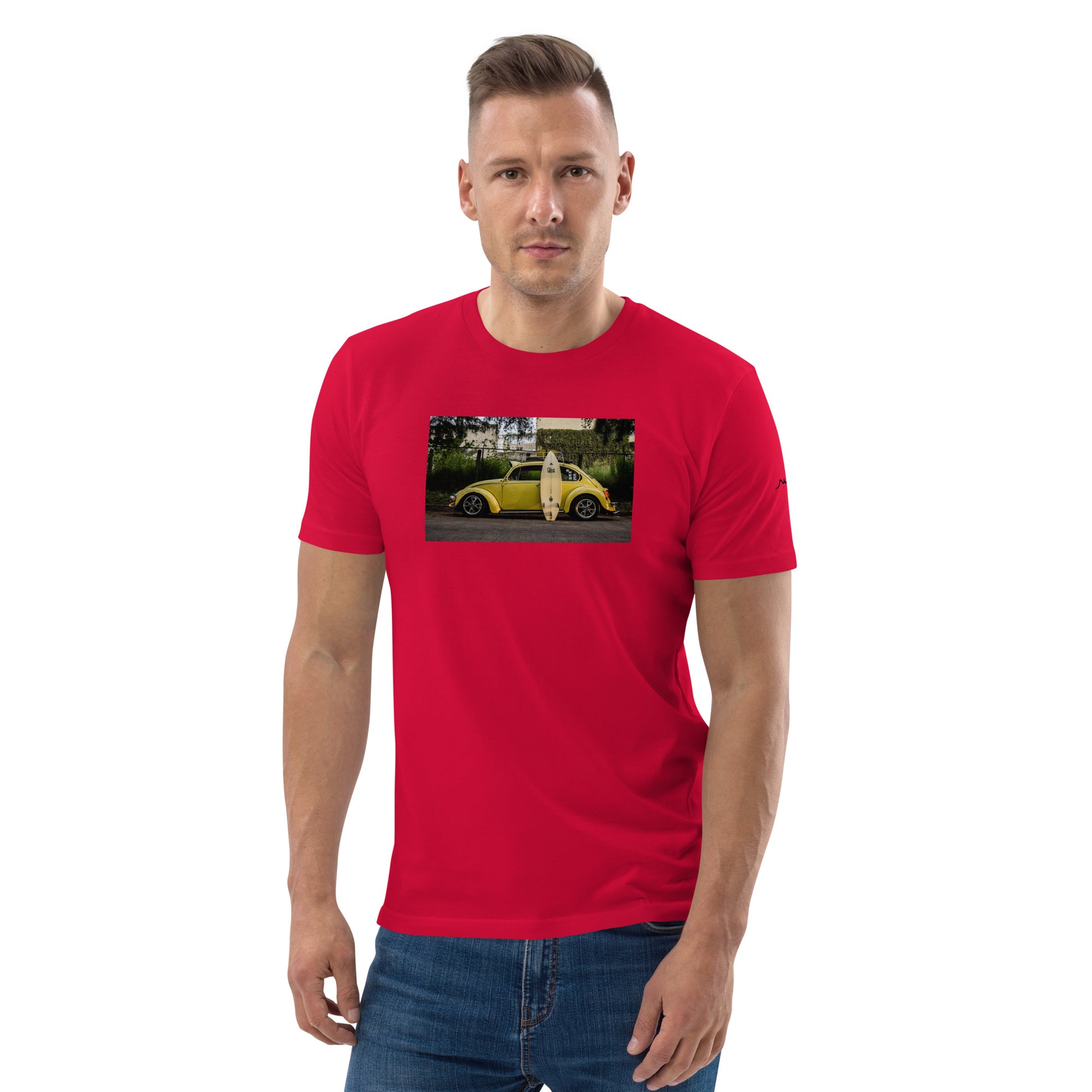Vue de face du T-shirt 100 % Coton Biologique Yellow Cox - coloris rouge