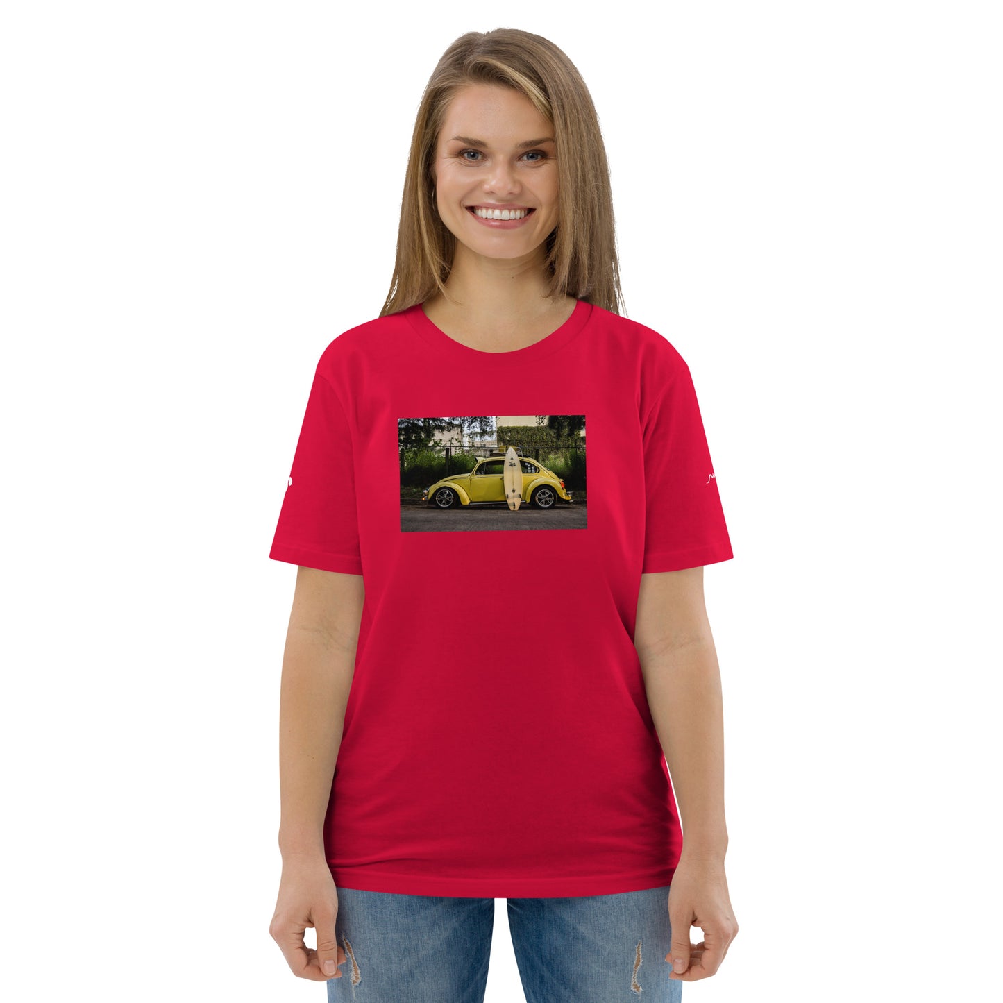 Vue de face du T-shirt 100 % Coton Biologique Yellow Cox - coloris rouge