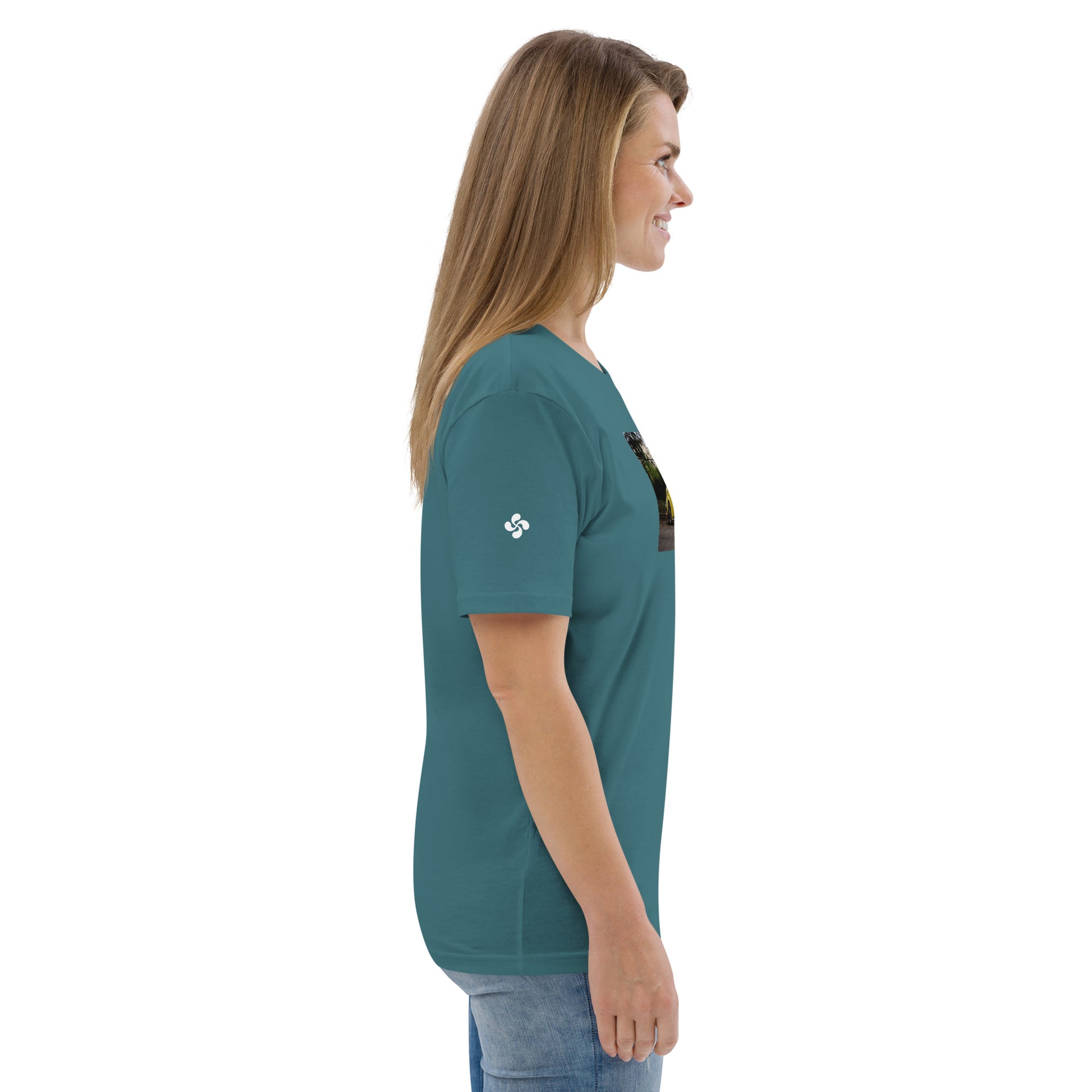 Vue de côté du T-shirt 100 % Coton Biologique - coloris bleu vert