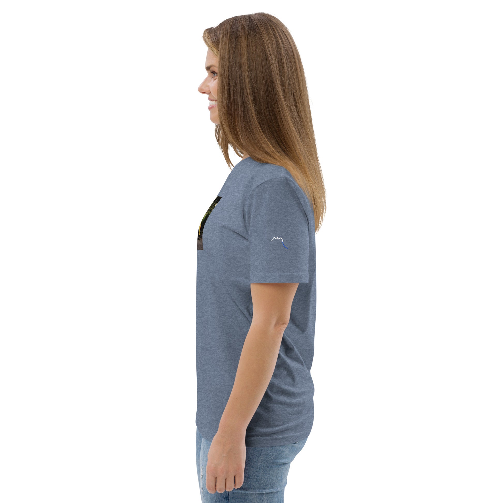 Vue de côté du T-shirt 100 % Coton Biologique - coloris bleu gris chiné