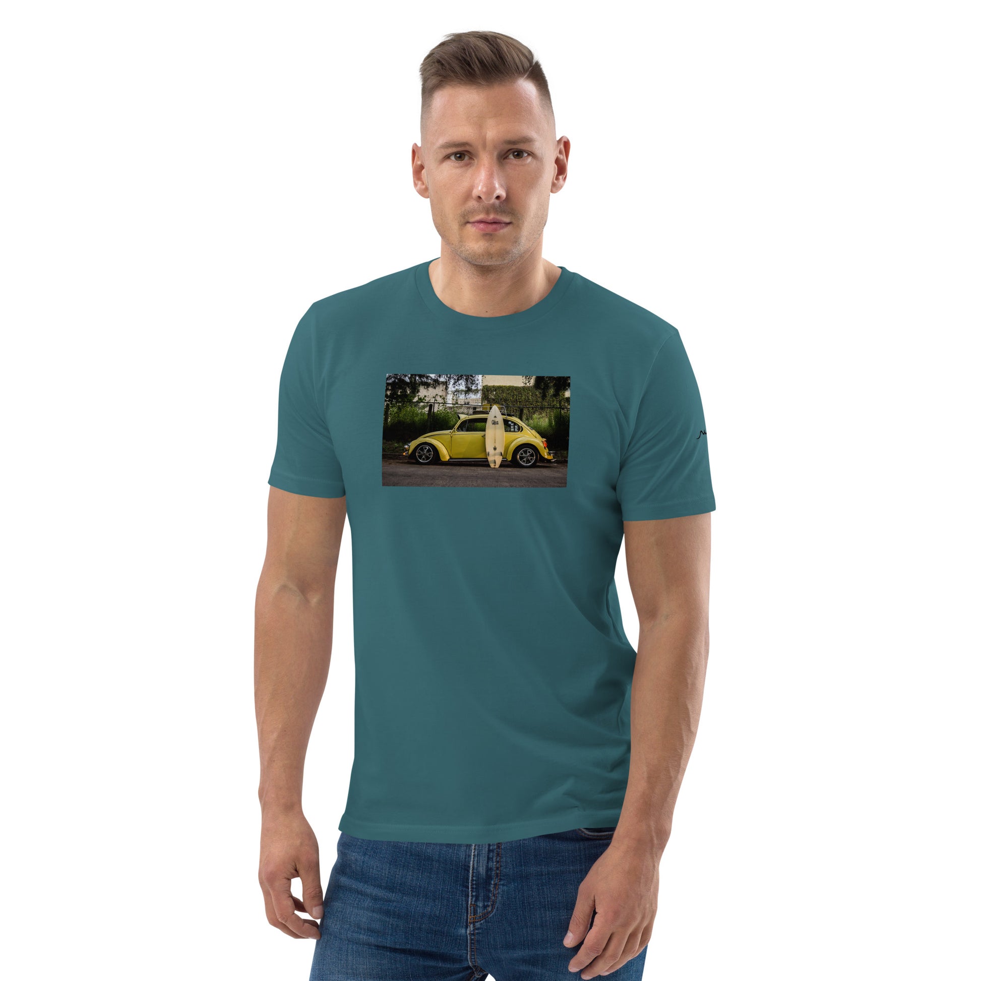 Vue de face du T-shirt 100 % Coton Biologique Yellow Cox - coloris bleu vert