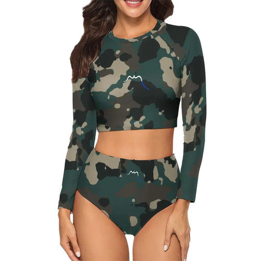 bikini de surf uhaina crop top manches longues face motif camouflage vert