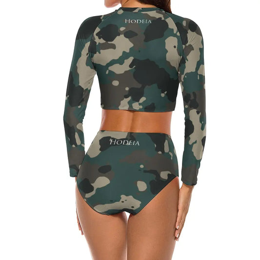 bikini de surf uhaina crop top manches longues dos motif camouflage vert
