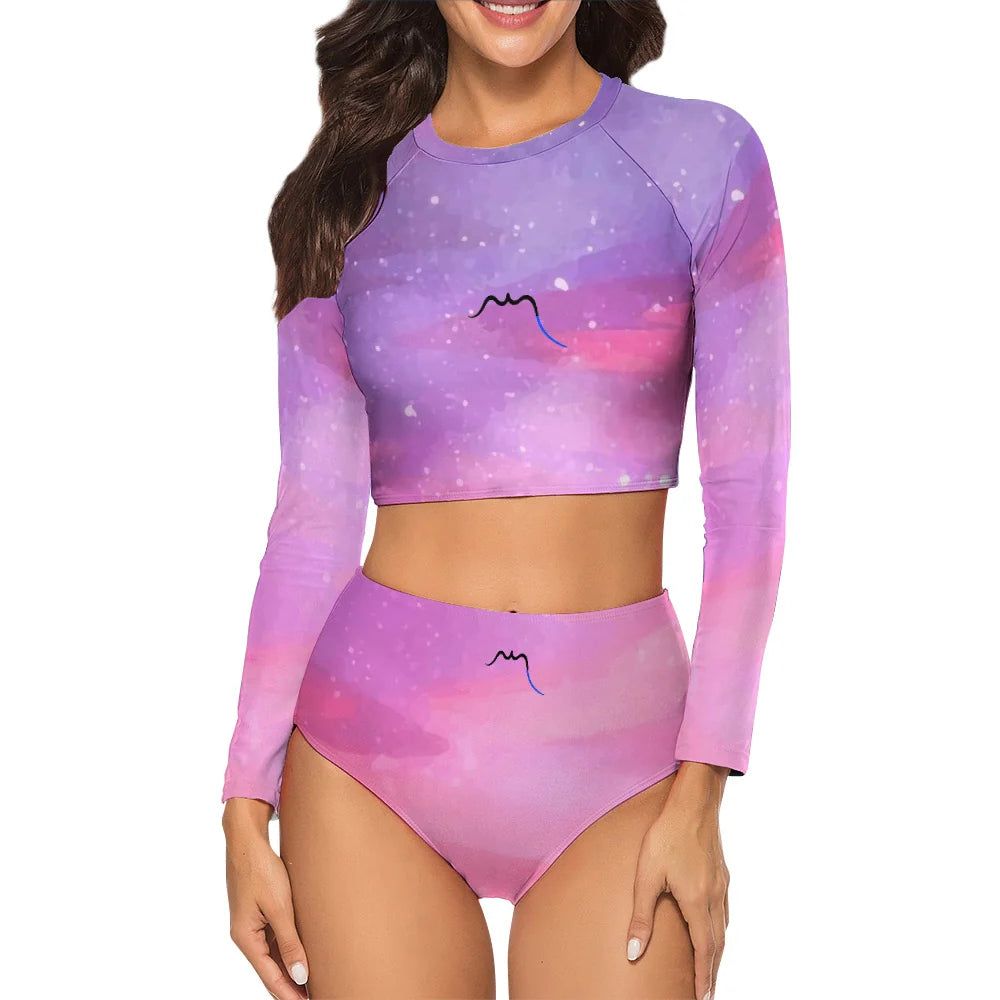 bikini de surf uhaina crop top manches longues face motif ciel étoilé rose 