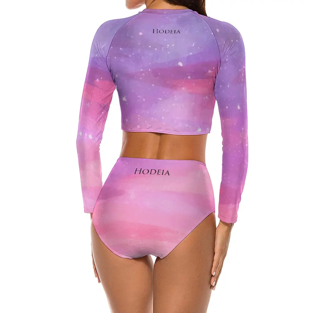 bikini de surf uhaina crop top manches longues dos motif ciel étoilé rose
