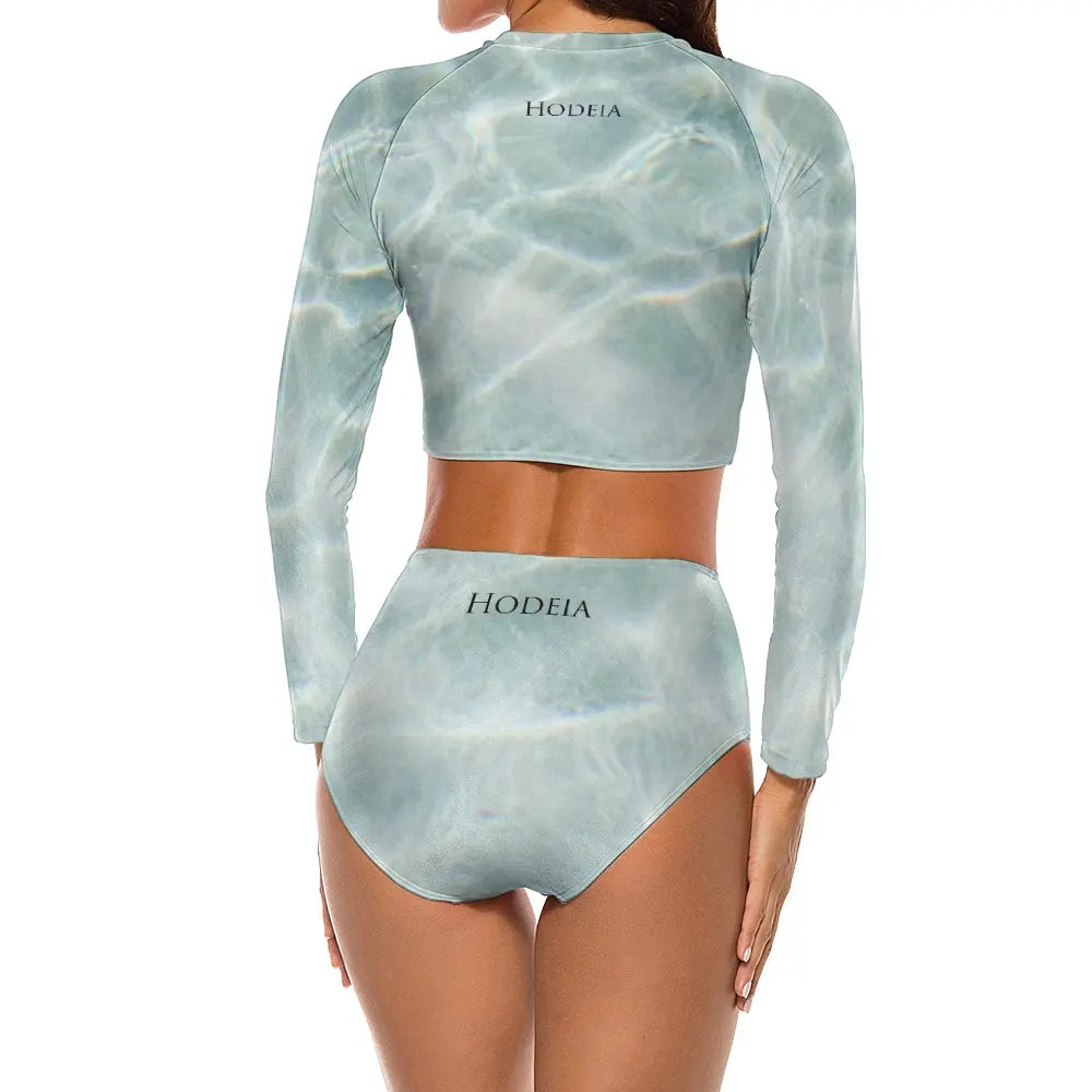 bikini de surf uhaina crop top manches longues dos motif eau