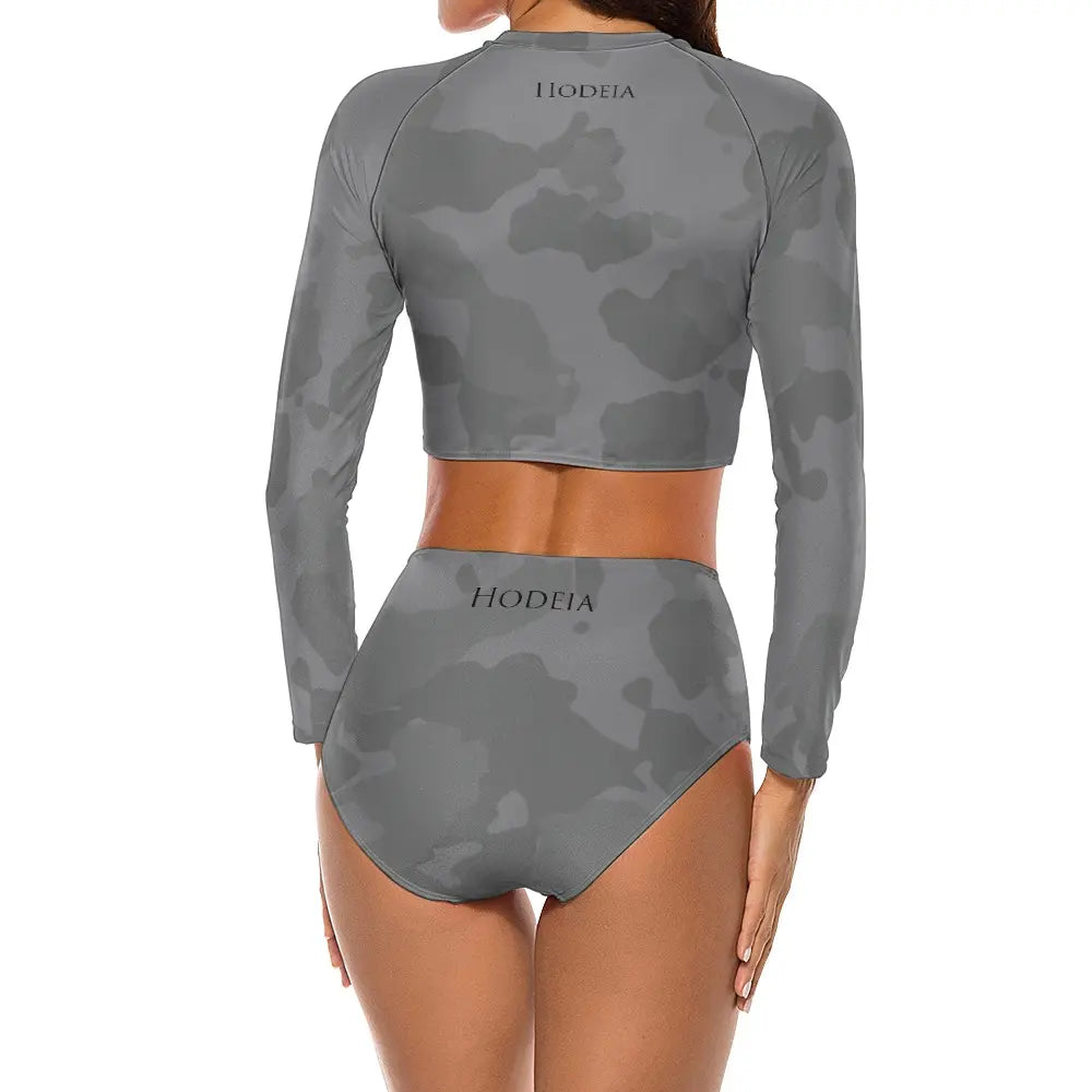 bikini de surf uhaina crop top manches longues dos motif camouflage gris