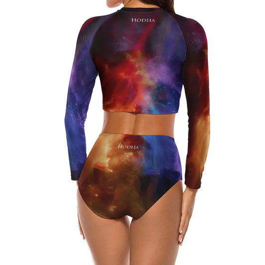 bikini de surf uhaina crop top manches longues dos motif nébuleuse violet rouge bleu